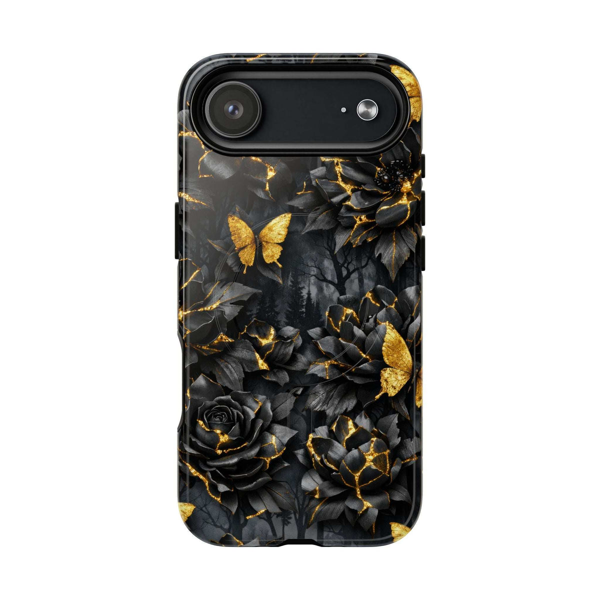 iPhone phone case side view with black floral design and gold kintsugi crack accents