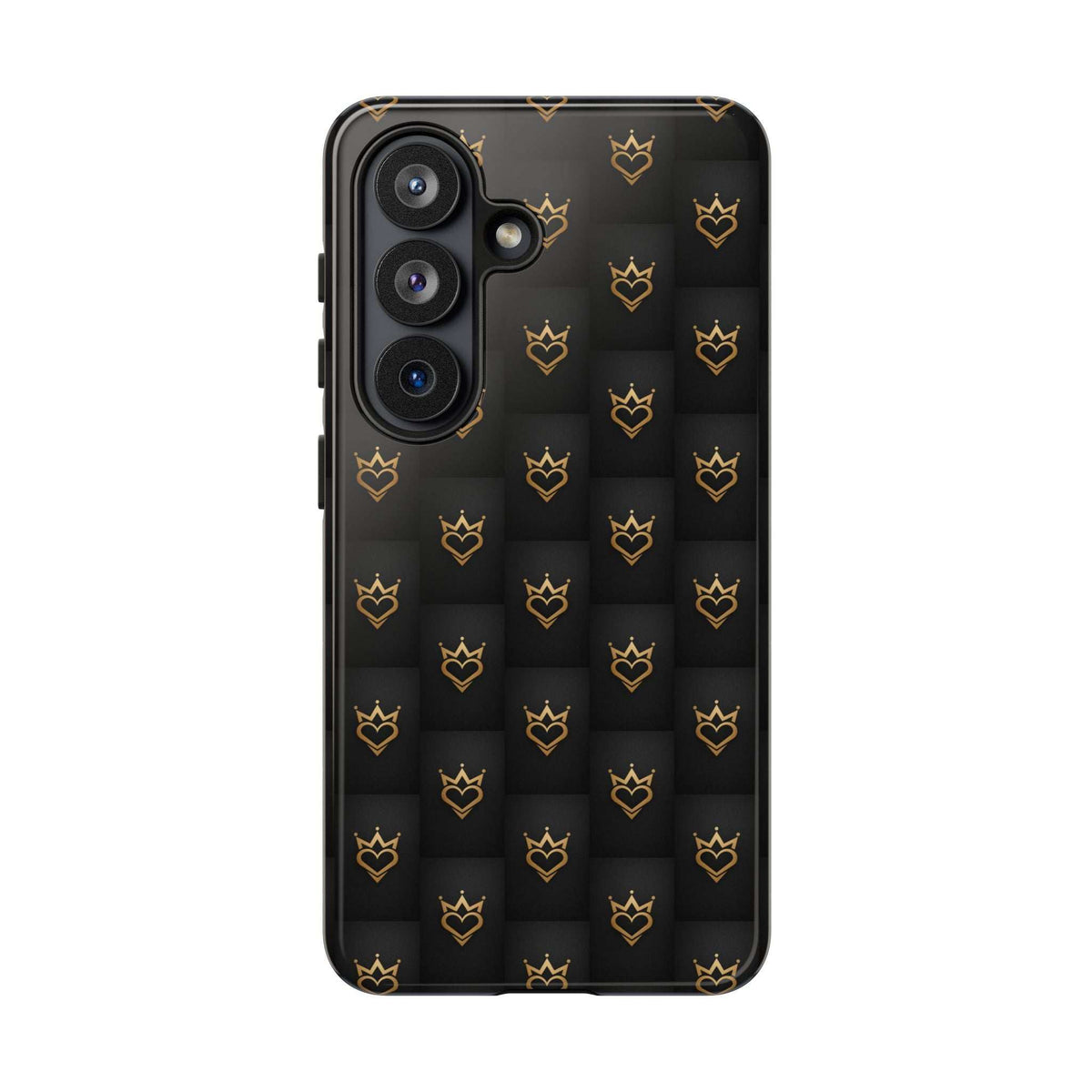Glossy black phone case with gold crowned heart doodle pattern, triple camera cutout.