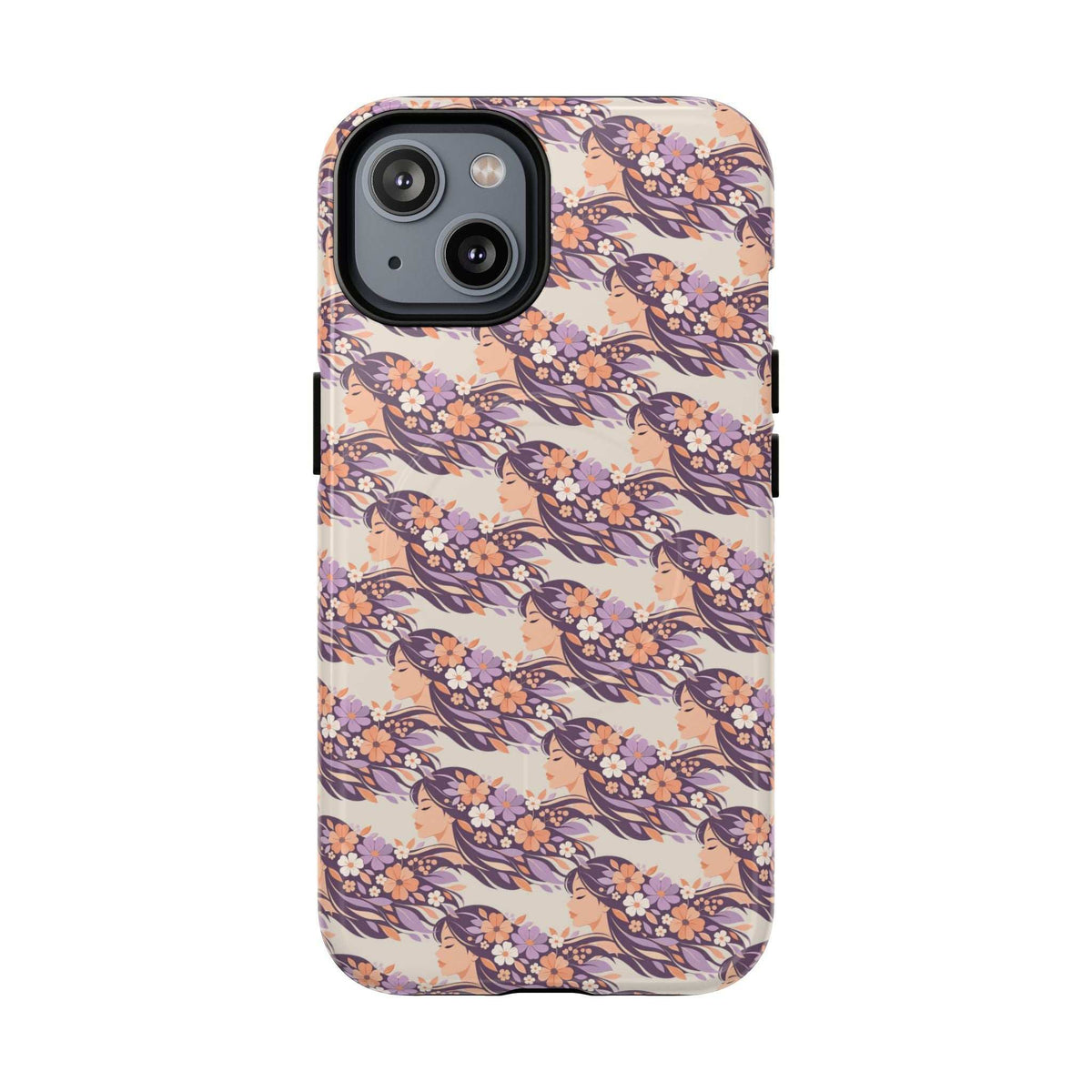 Floral phone case with cherry blossom pattern, rear camera lenses visible through cutouts