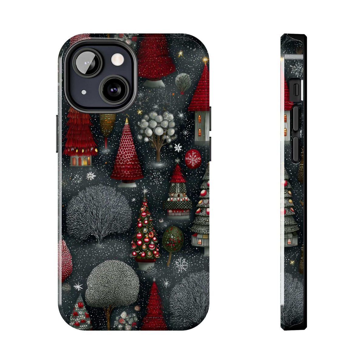 Winter forest themed phone case with frosted fir trees; back and side view