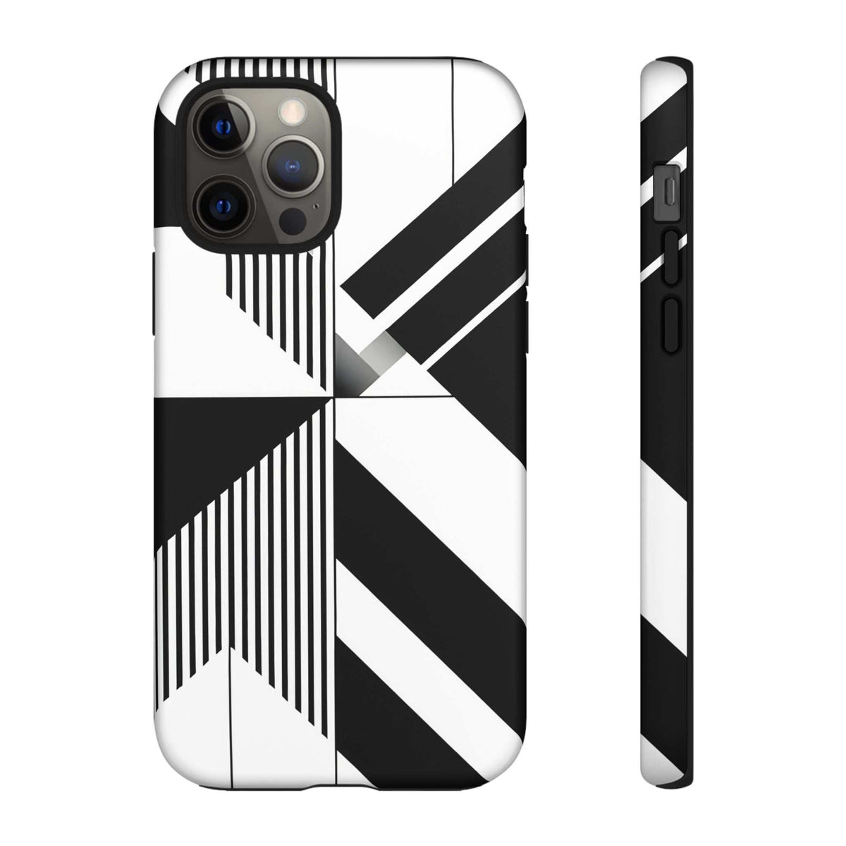 Monochrome tough phone case for iPhone and Galaxy, black-and-white geometric stripe pattern front and edge