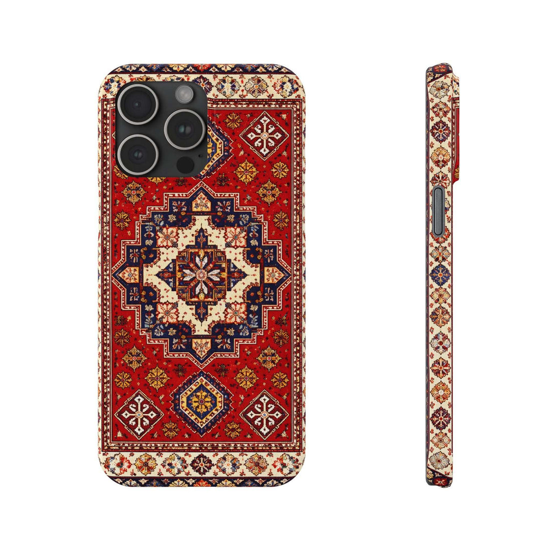 Red and blue ornamental patterned phone case with cutouts for camera and flash.