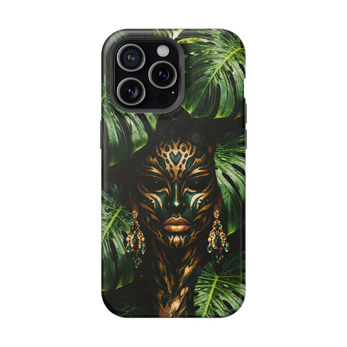 Green and gold jungle portrait phone case with leaf backdrop and raised camera covers