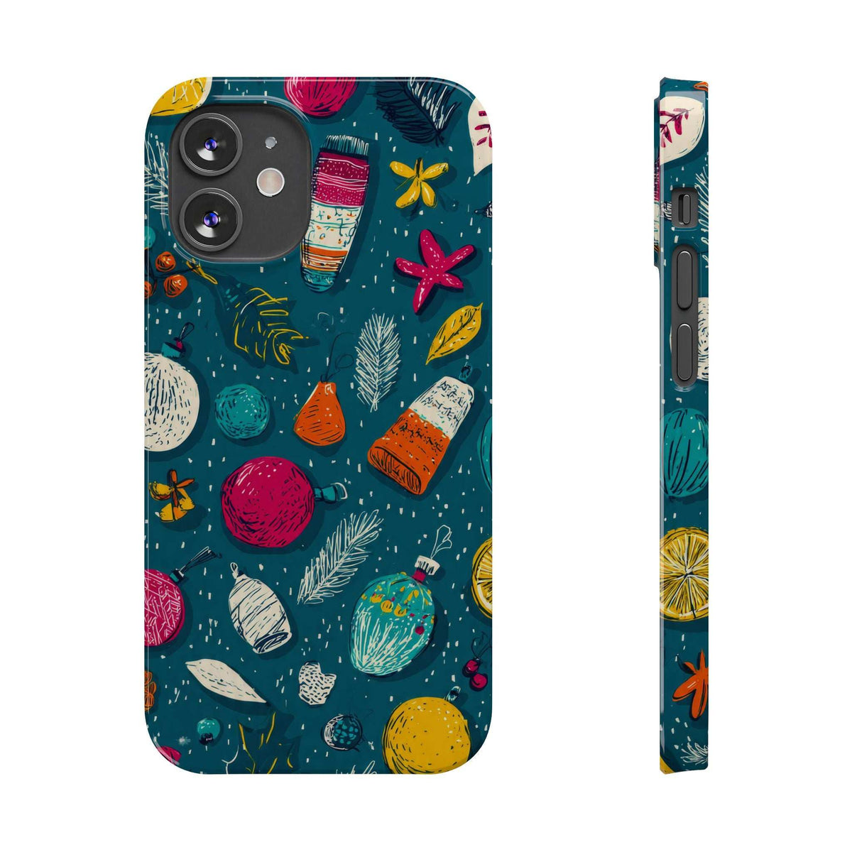 Teal winter-themed phone case back with camera lenses and colorful winter graphics