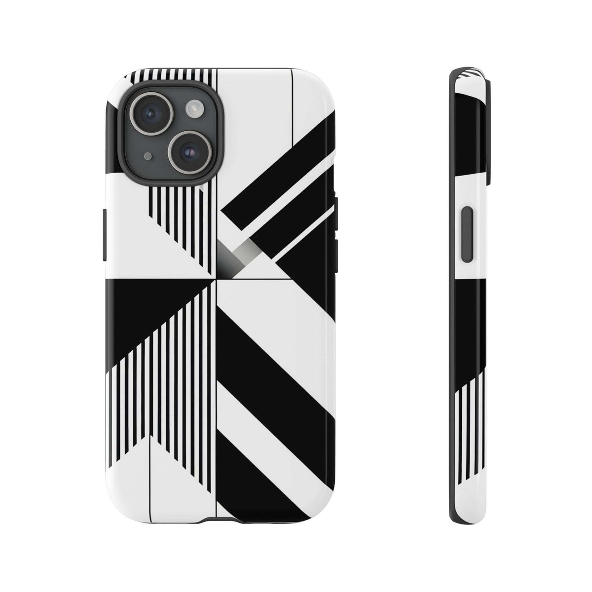 Tough phone case with black-and-white geometric stripes and raised camera cutouts