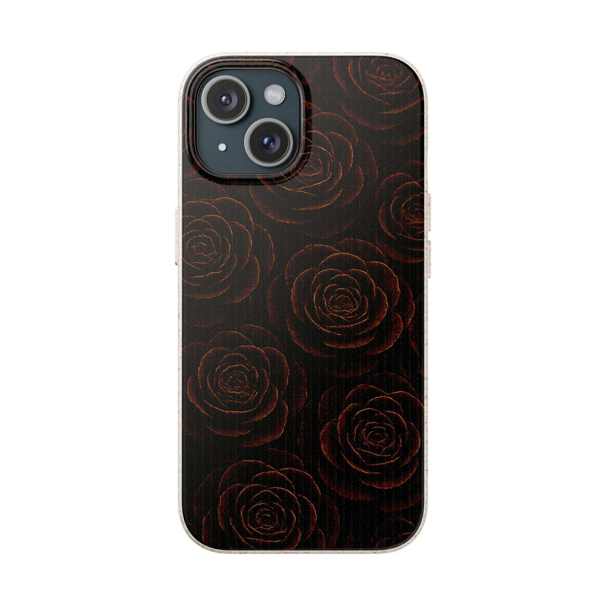 Dark phone case with embossed rose pattern; camera cutout with protective lip and clear rim.