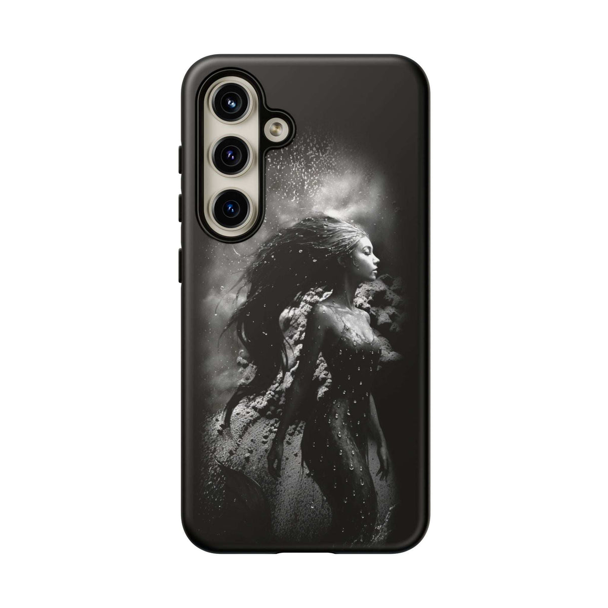 Monochrome mermaid phone case with black back featuring monochrome mermaid art, front view