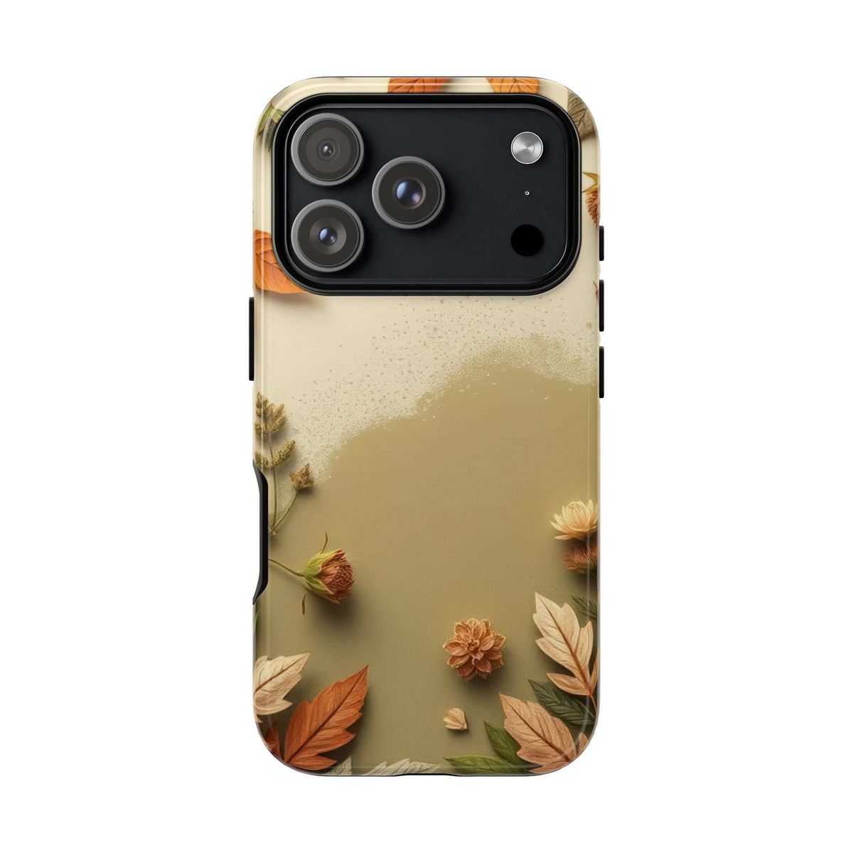 Phone case with beige autumn leaves print and triple-lens camera cutout