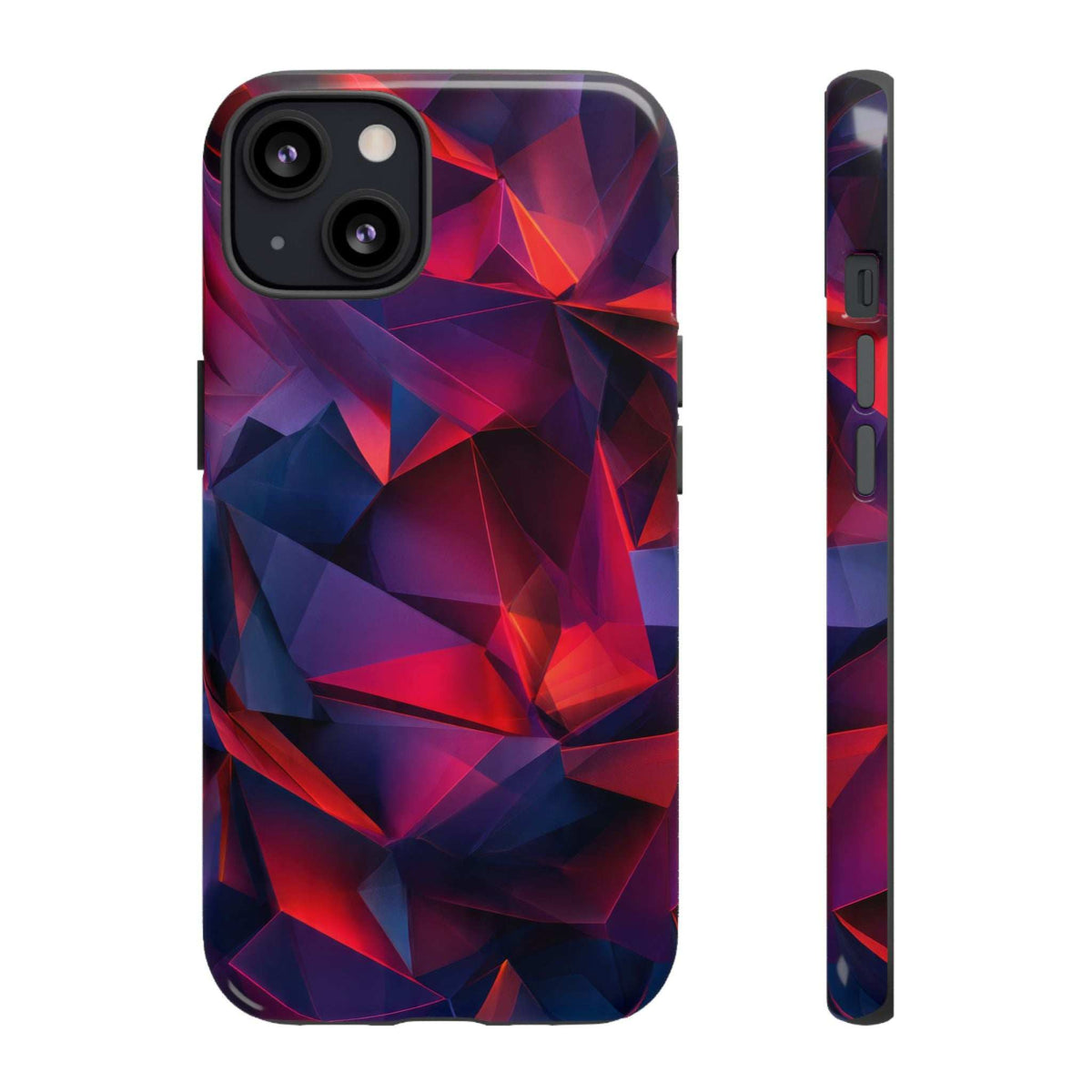 Glossy phone case with red and blue geometric prism pattern, camera and flash openings.