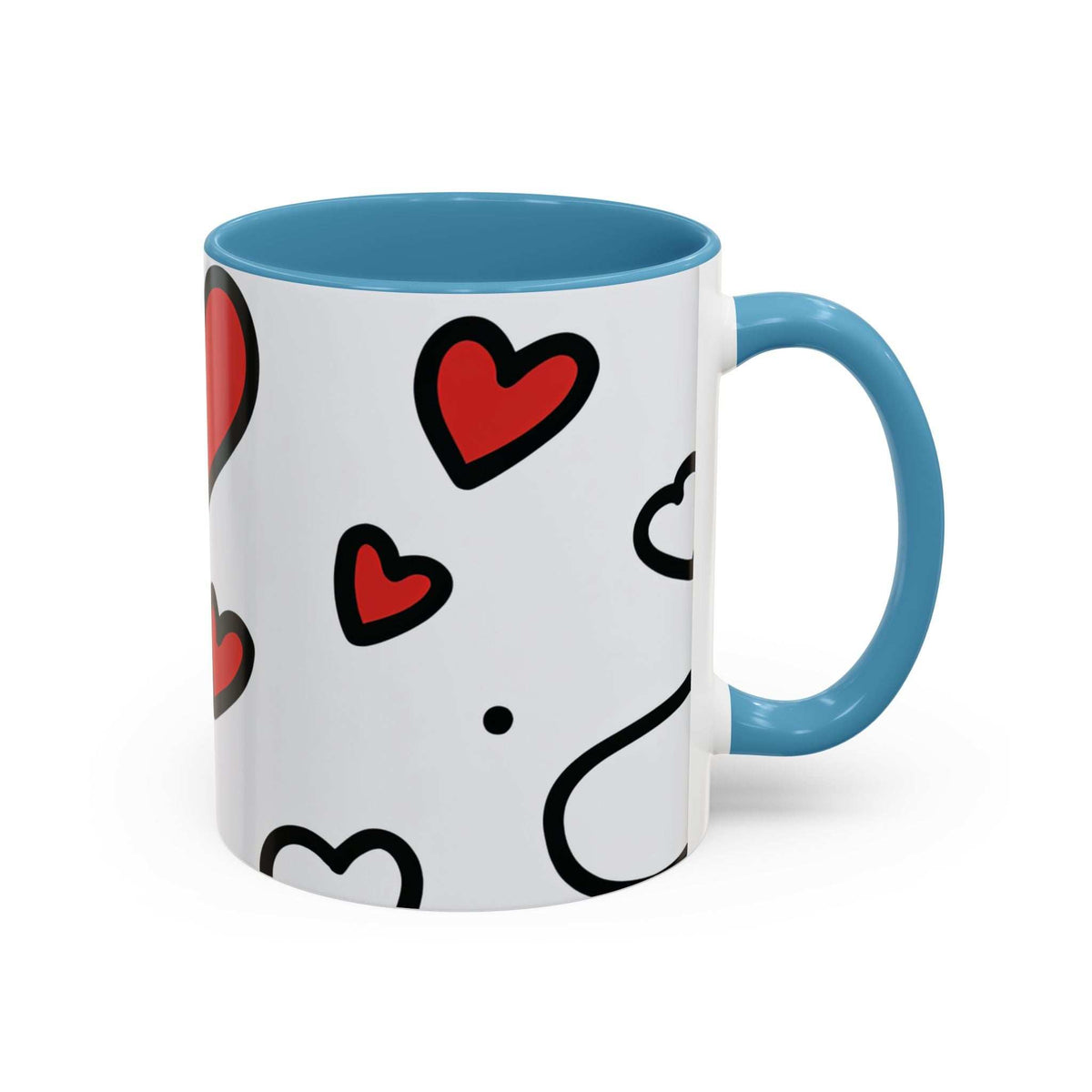 Light blue and white love-themed accent coffee mug with heart face and small hearts