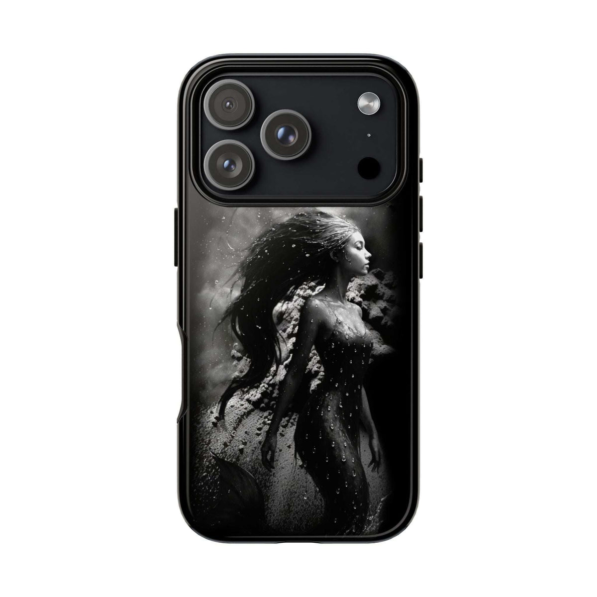 Black phone case with monochrome mermaid portrait and camera cutouts