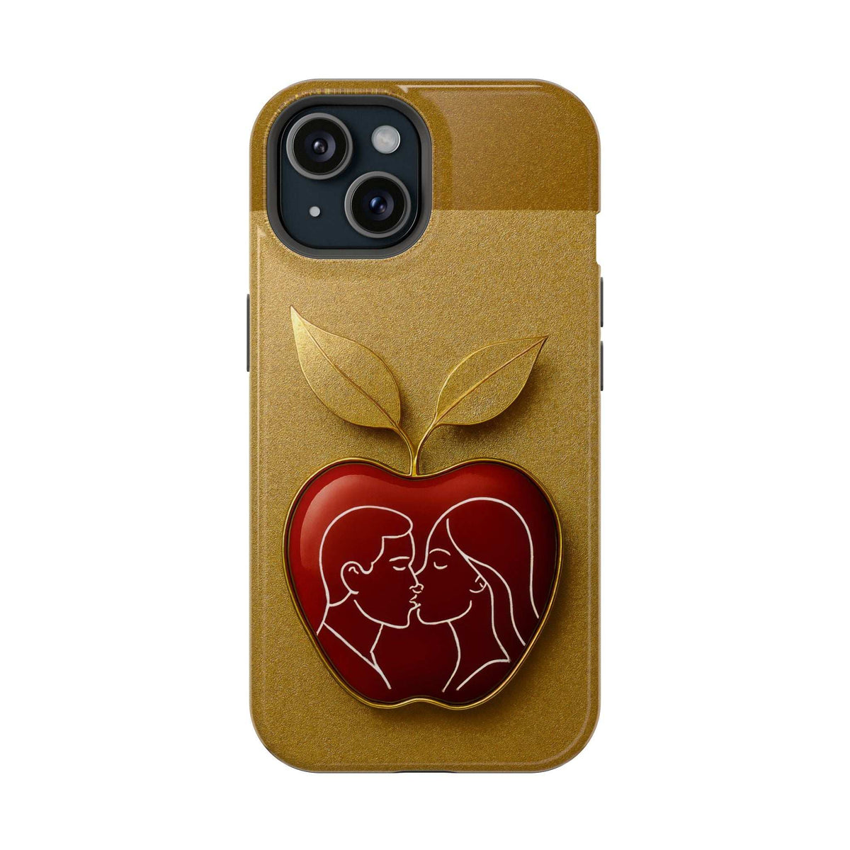 Gold iPhone case with leaf and red apple-heart couple emblem; back view