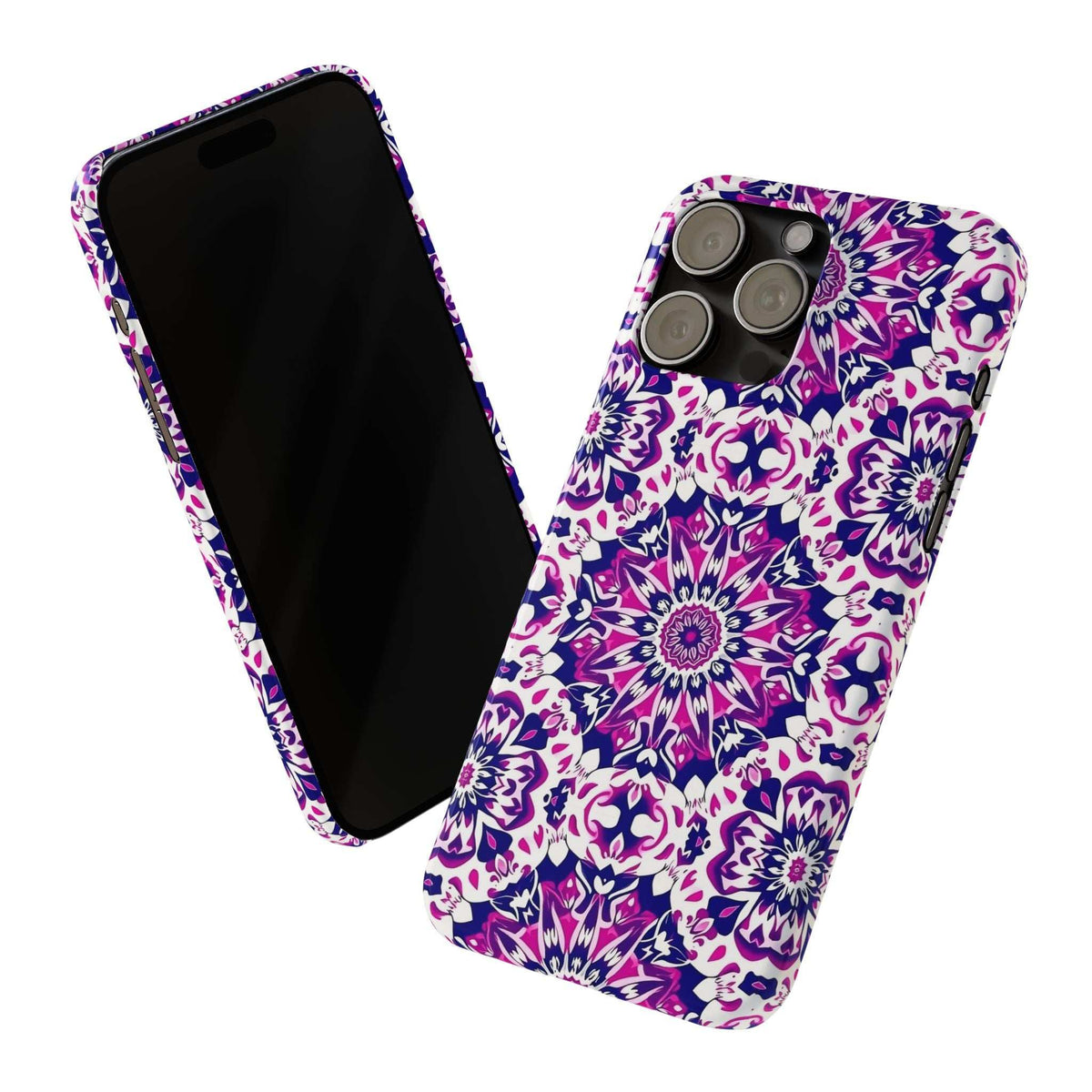 Purple and white floral phone case, back view and dark front with camera cutouts