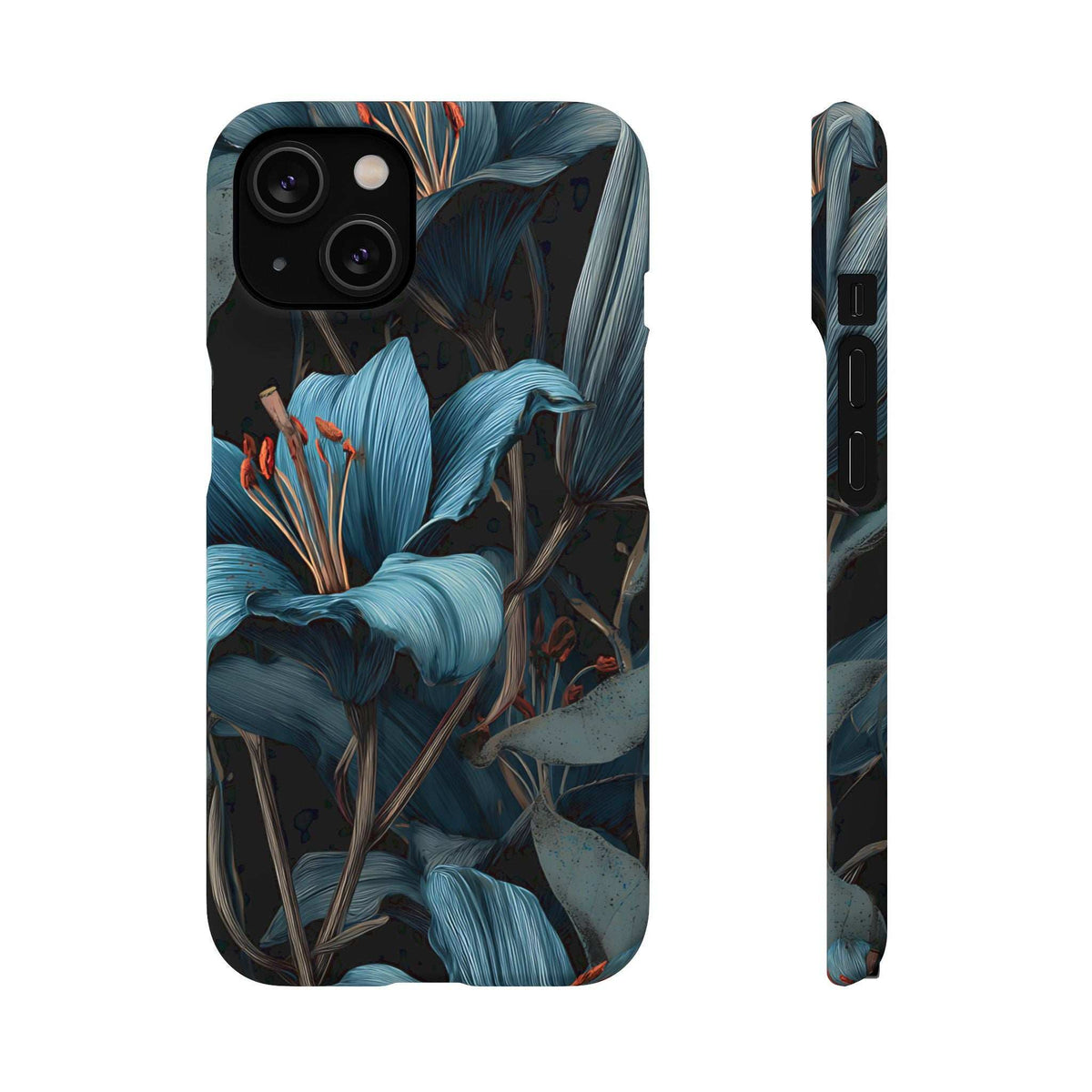 Phone case with blue floral leaves on dark surface, front camera holes and side access