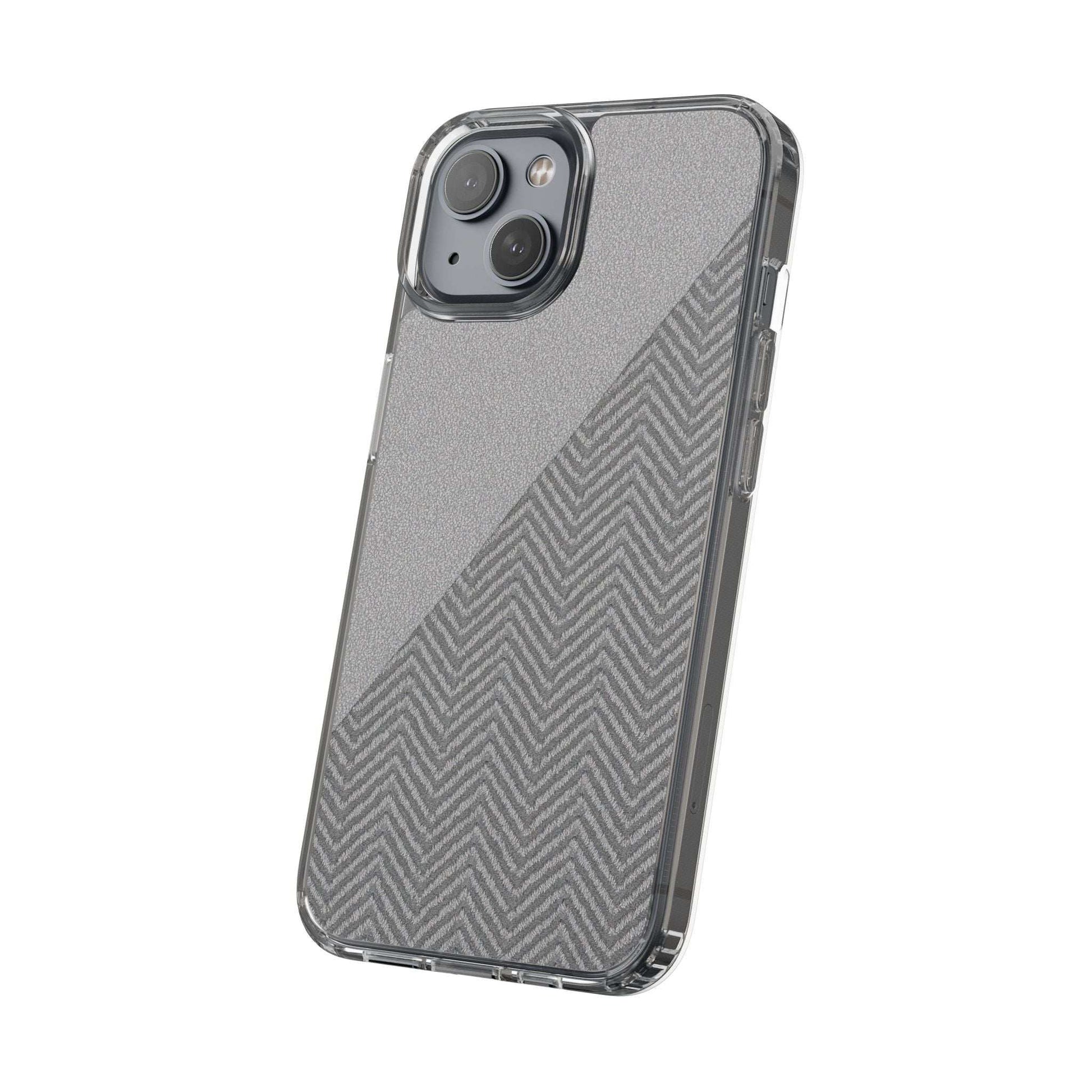 Dark herringbone tough phone case, clear edge protection and textured chevron back