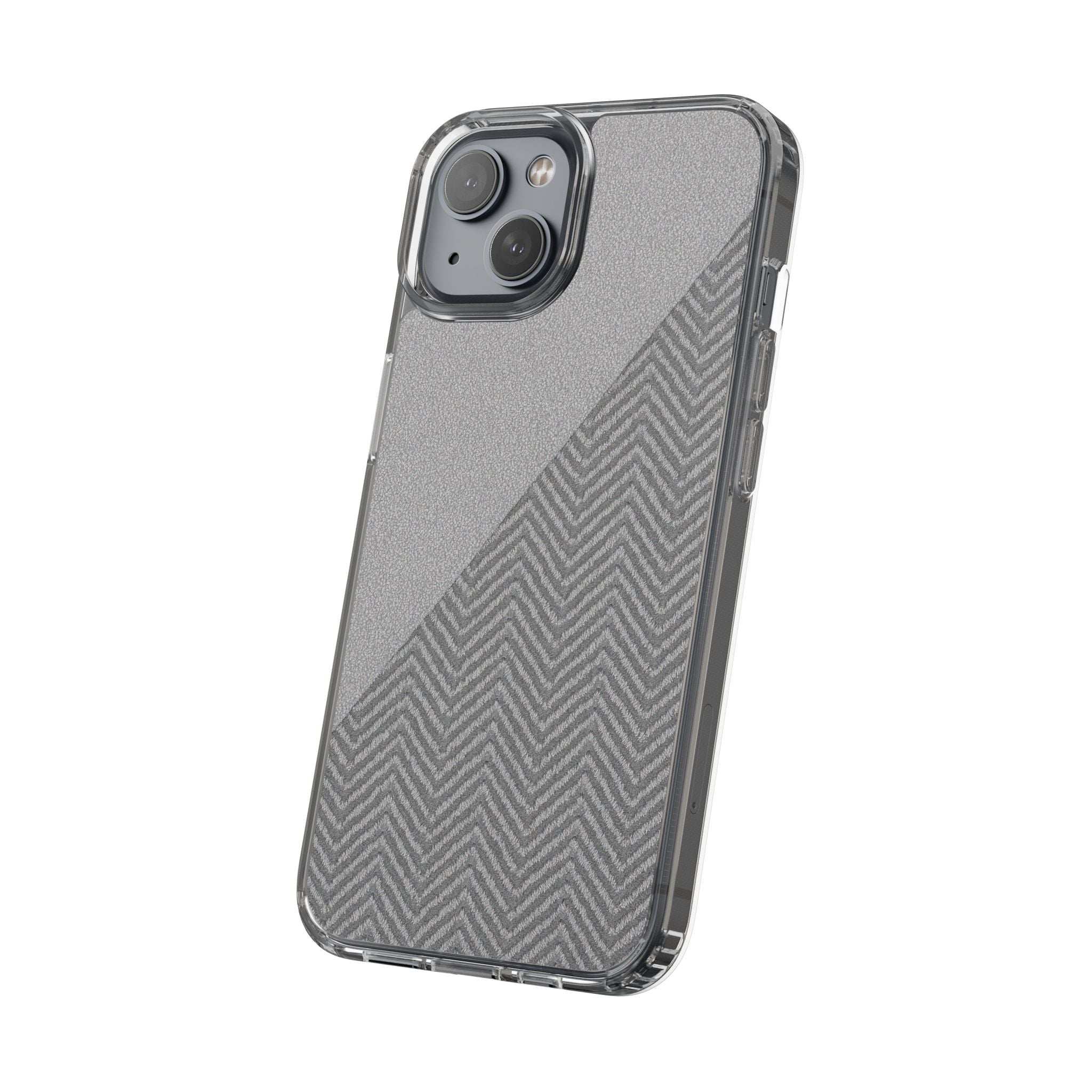 Dark herringbone tough phone case, clear edge protection and textured chevron back