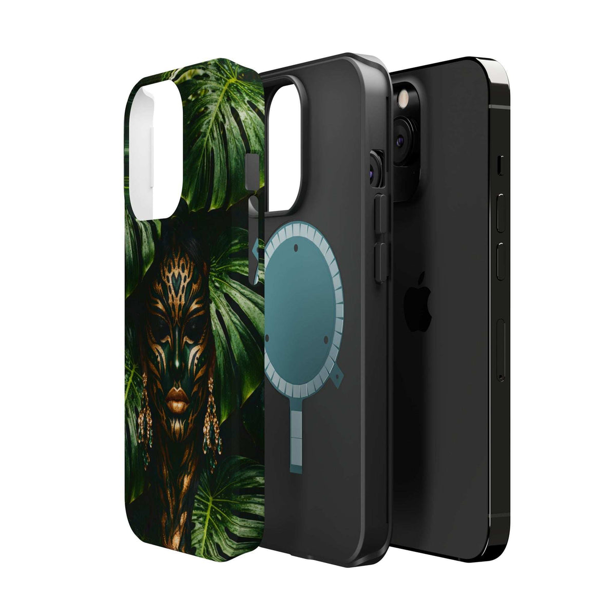 Jungle spirit phone case for iPhone 13-17 with green leaves, gold face, and blue fan icon.