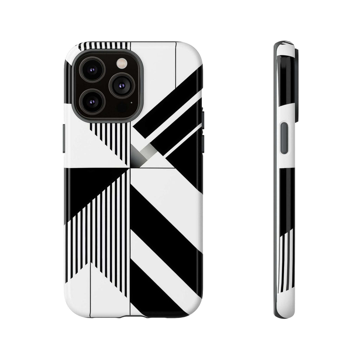 Tough phone case showing black-and-white diagonal stripes with camera lens openings