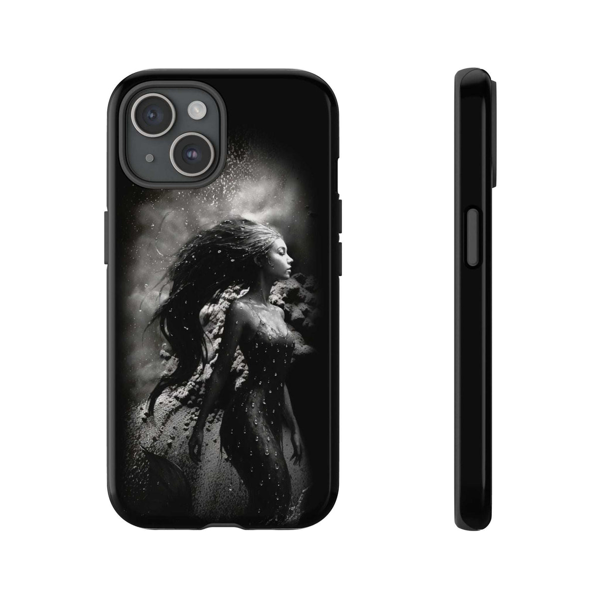 Black phone case with monochrome mermaid silhouette, gray camera cutout panel and side profile