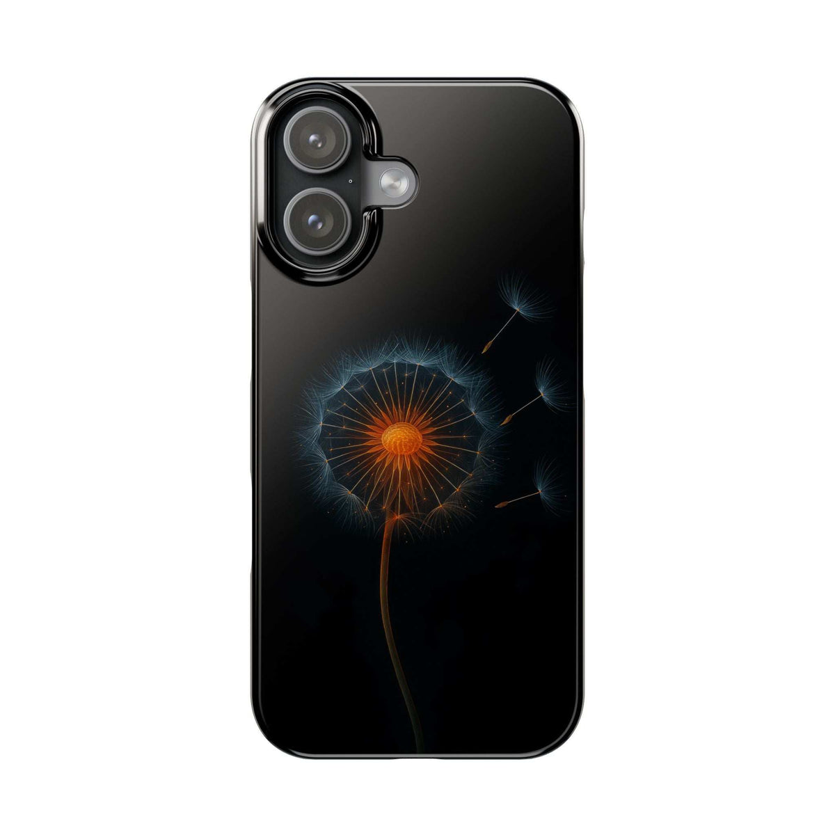 Black phone case with glowing orange dandelion design and subtle blue light effects