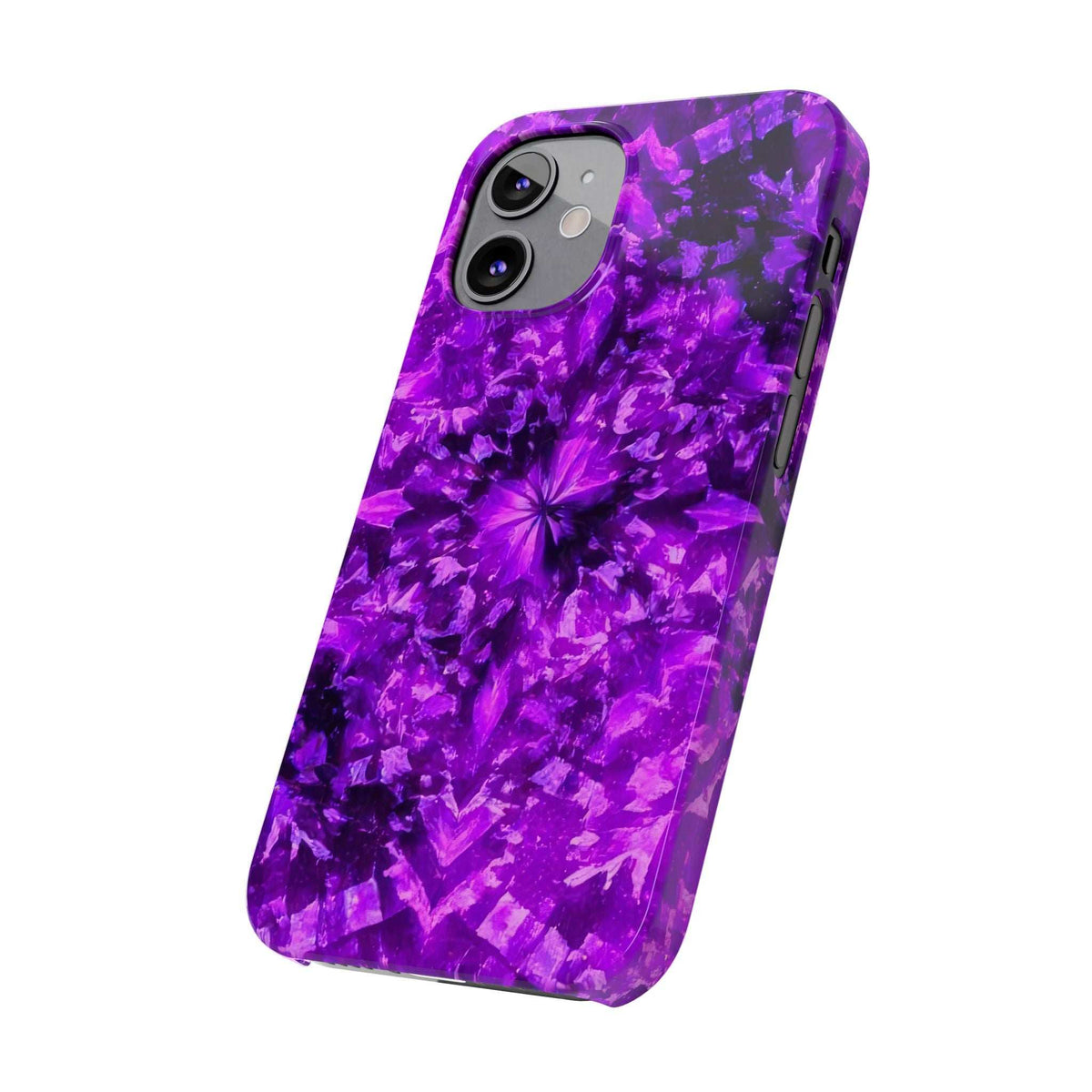 Vivid purple kaleidoscope phone case, angled view with camera cutout