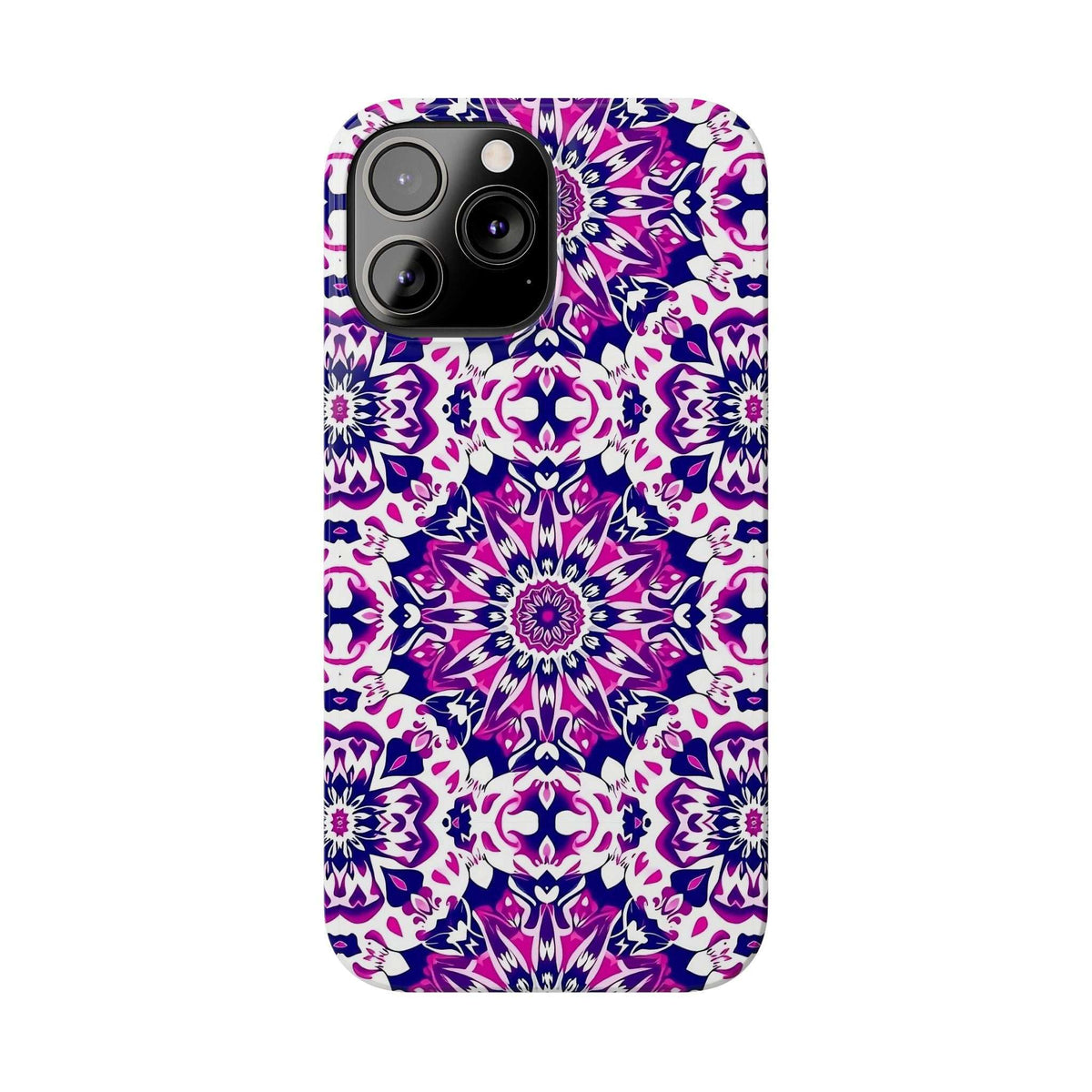 Phone case with purple-pink mandala floral pattern and cutouts for camera and flash