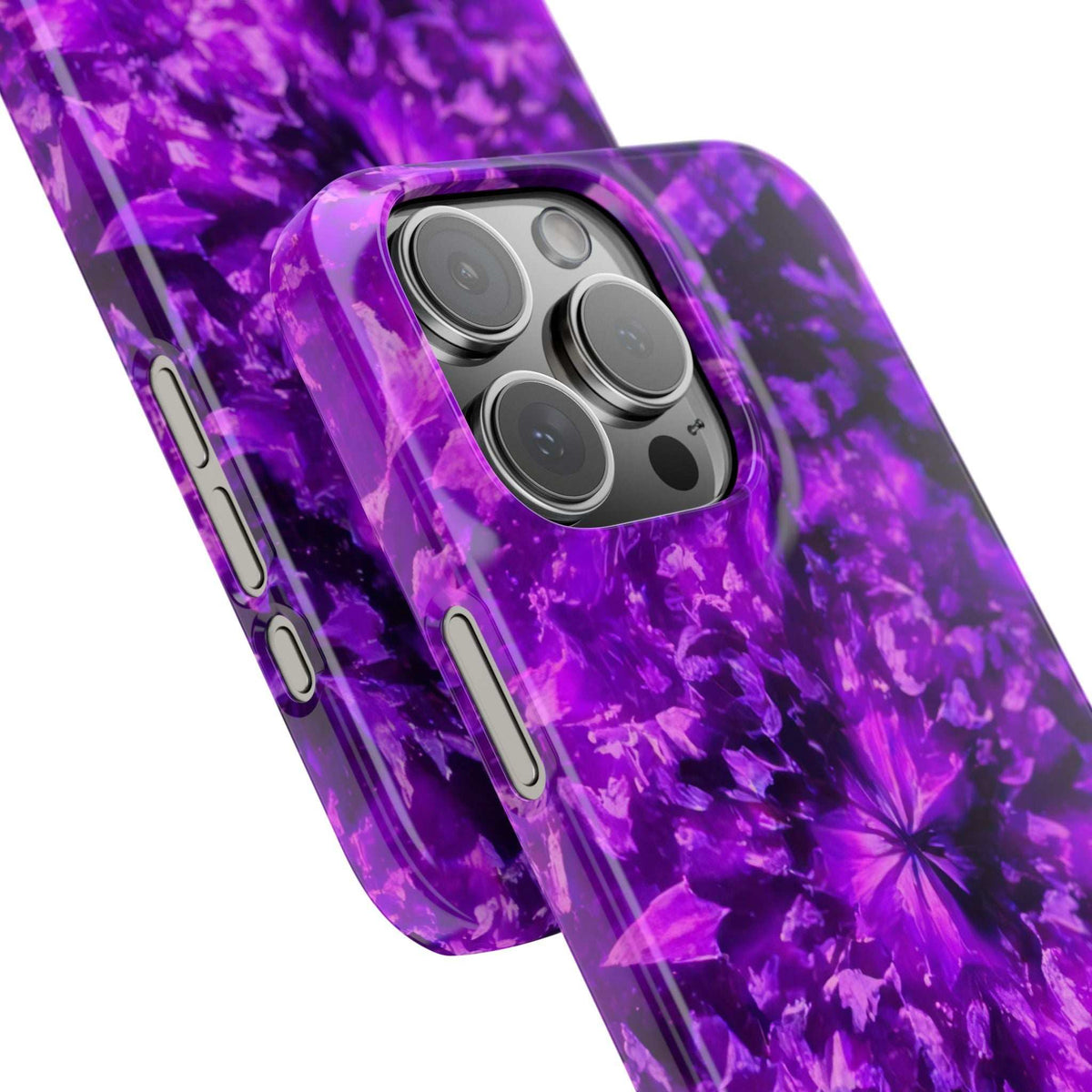 Purple kaleidoscope phone case shown at an angle with camera module and button cutouts