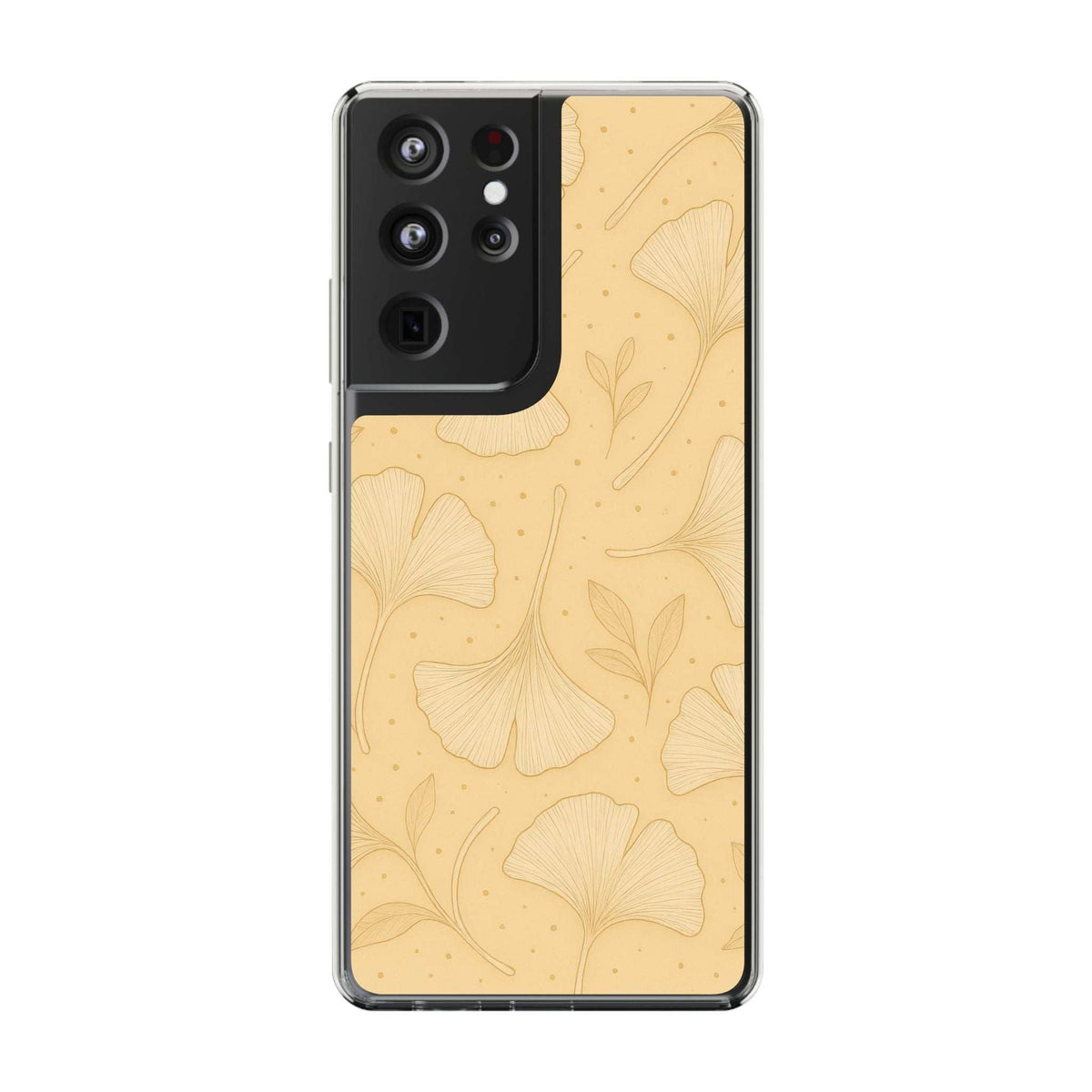Tan ginkgo floral phone case with clear edges and camera cutouts, slim protective fit
