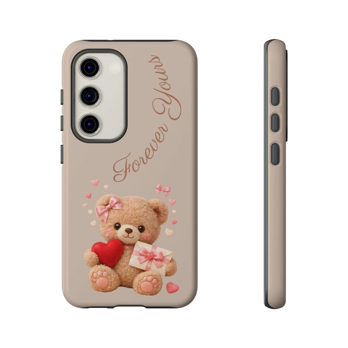 Beige phone case with teddy bear holding red heart; front and side profile for Samsung Galaxy.