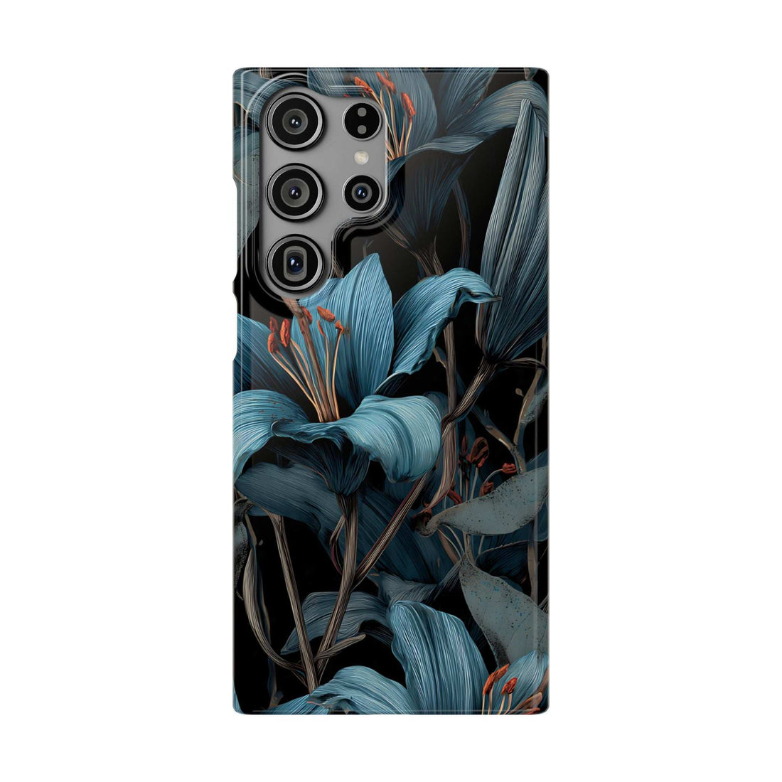 Floral phone case with blue flowers and leaves, corner camera cutouts and raised edges