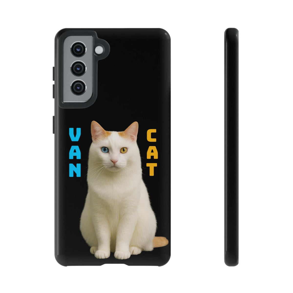 Glossy dark phone case with white cat graphic, camera area, and slim side edge
