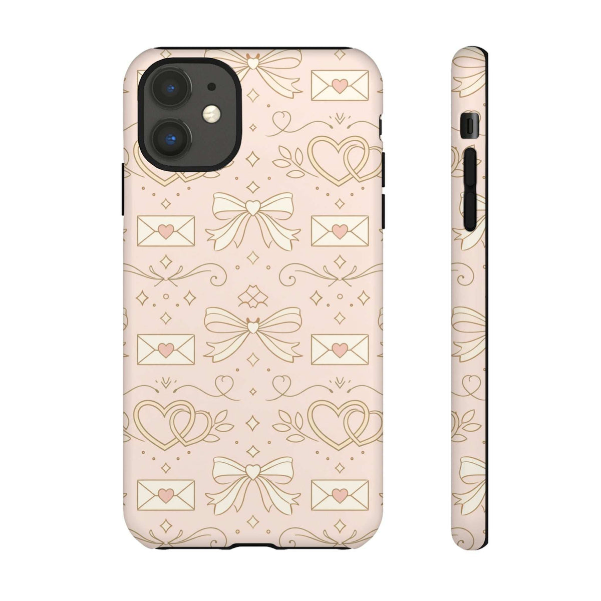 Light pink tough phone case with gold hearts and bows; front and side view with button cutout
