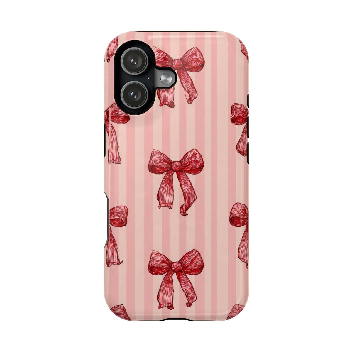 Pink phone case with red bow and stripe design, visible camera cluster and side buttons.