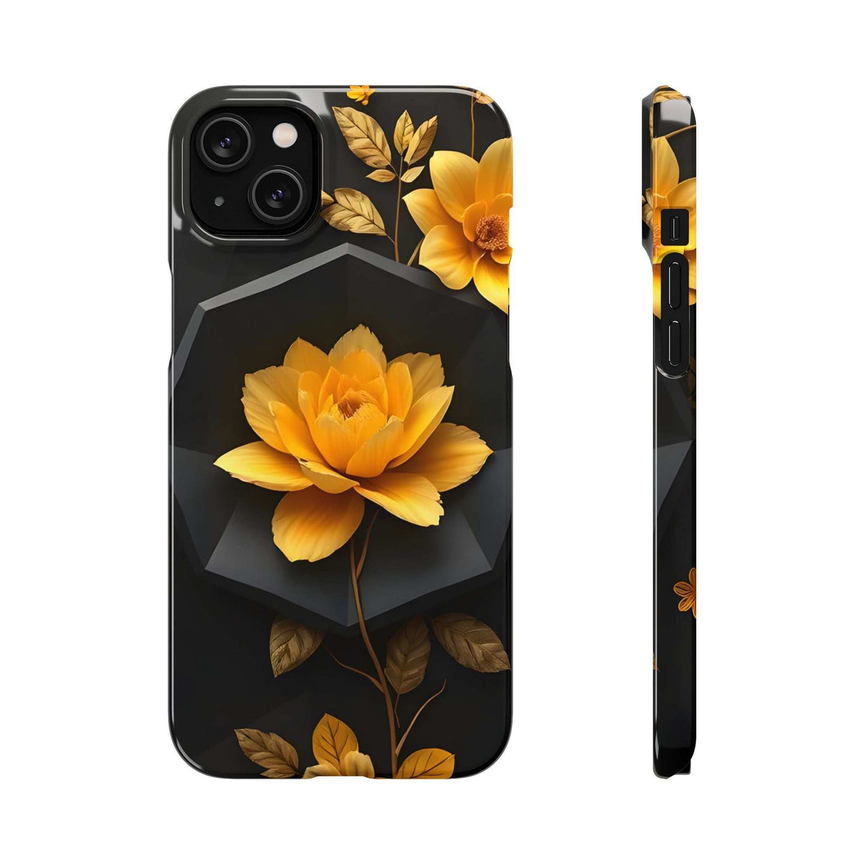 Black phone case with yellow peony and leaf pattern; side edge with floral details