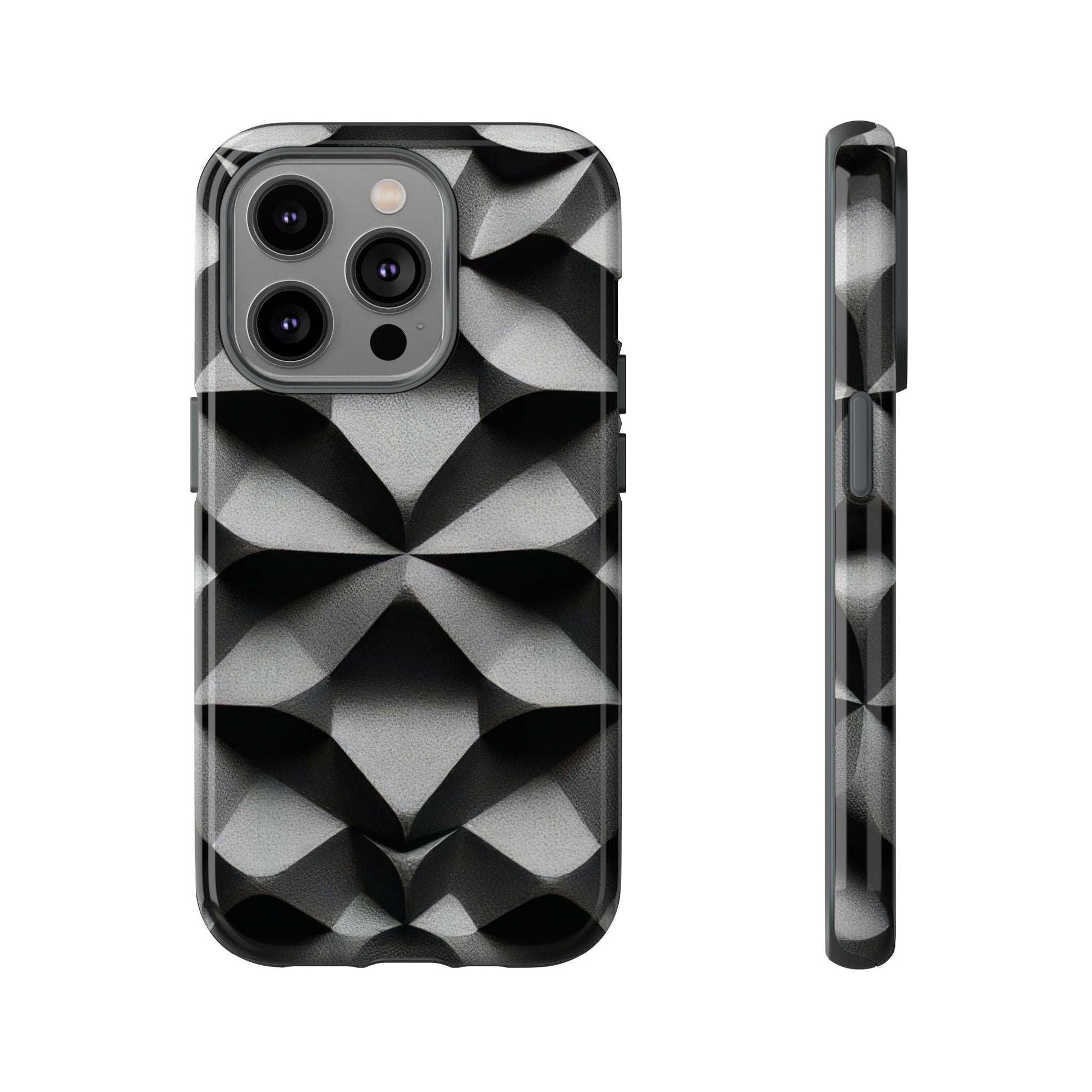 Black phone case with silver geometric diamond pattern; rear and side protection shown