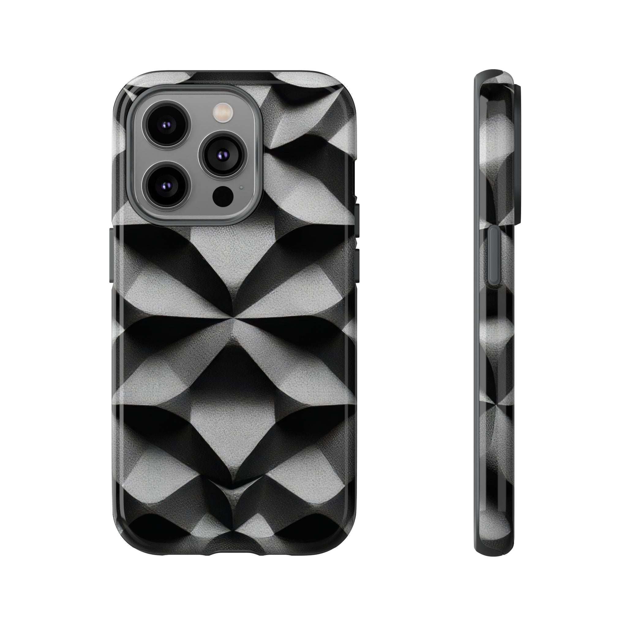 Black phone case with silver geometric diamond pattern; rear and side protection shown