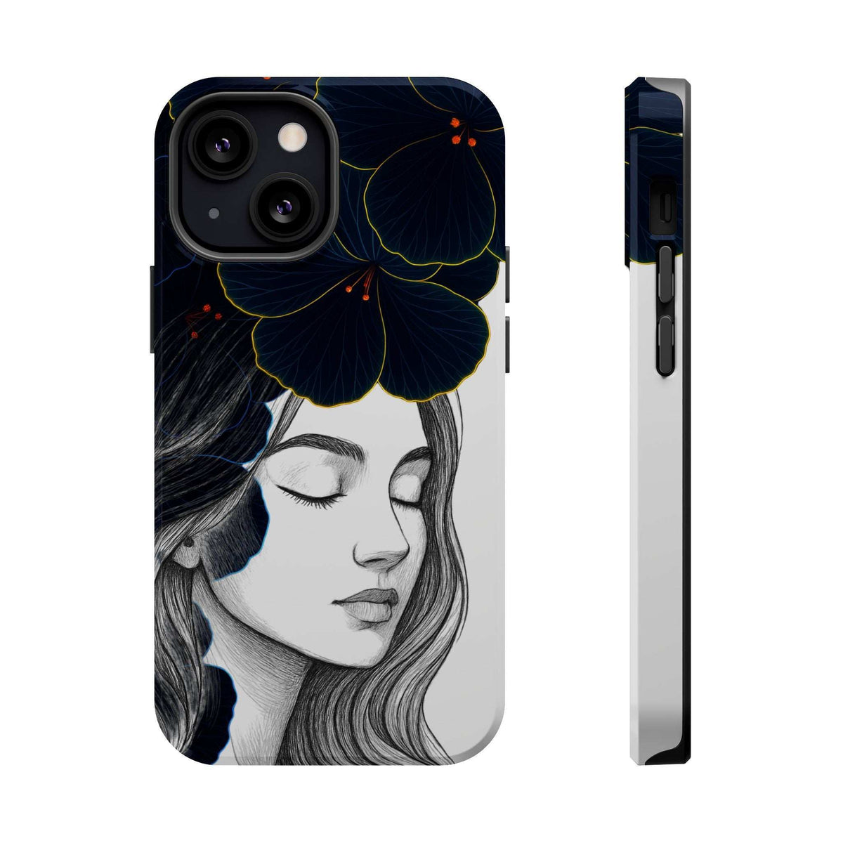 Dark floral phone case front with raised camera cutouts and blue flower portrait