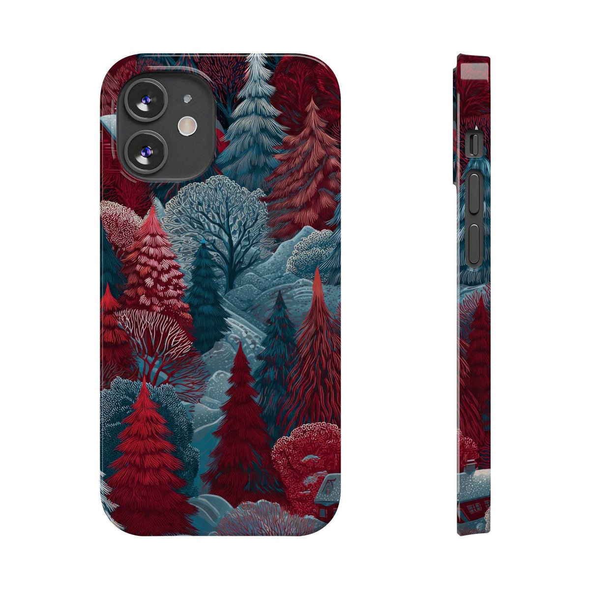 Phone case with red and blue forest artwork; back camera cutouts visible
