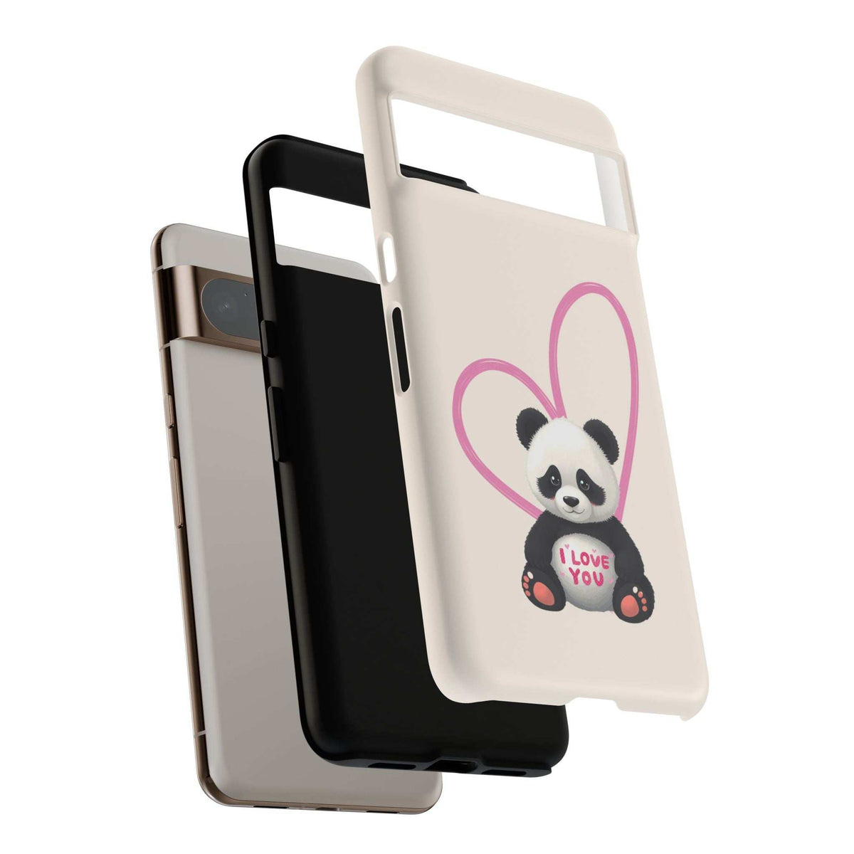 Beige panda phone case with pink heart, side angle showing case thickness