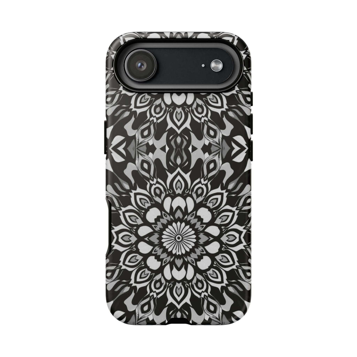 Phone case with black-and-white mandala print, single camera cutout, and flash