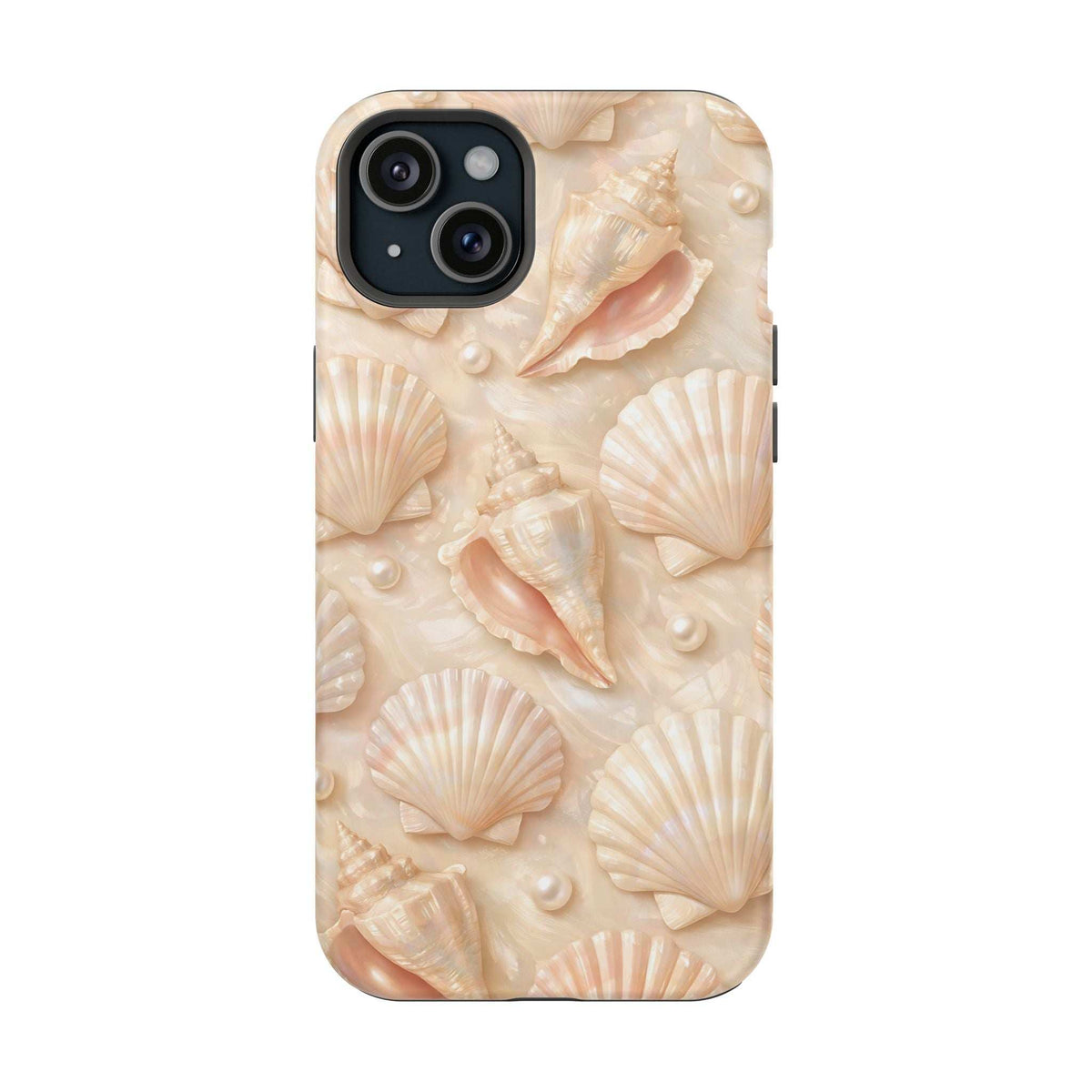 Seashell phone case in cream with raised shell details and covered phone corners