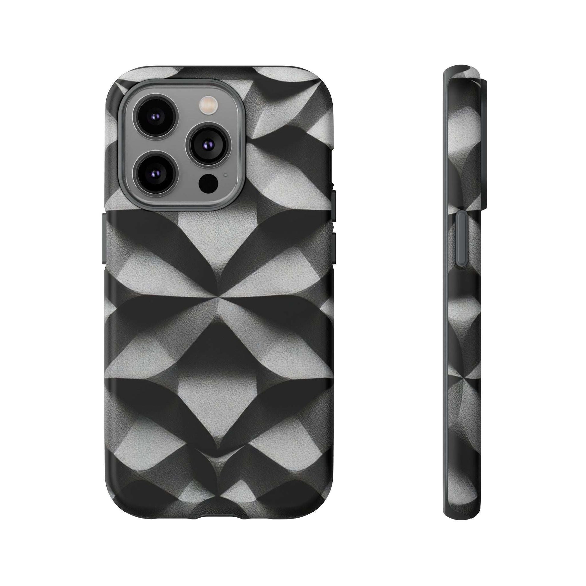 Black rugged phone case with silver 3D diamond geometry; camera cutouts and side grip