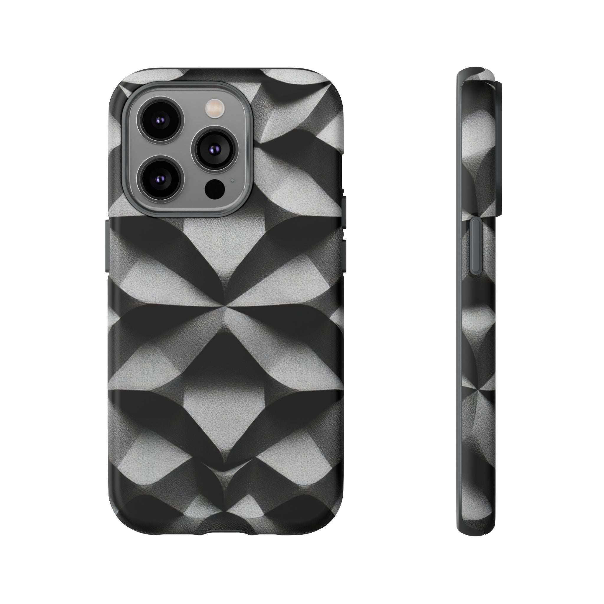 Black rugged phone case with silver 3D diamond geometry; camera cutouts and side grip