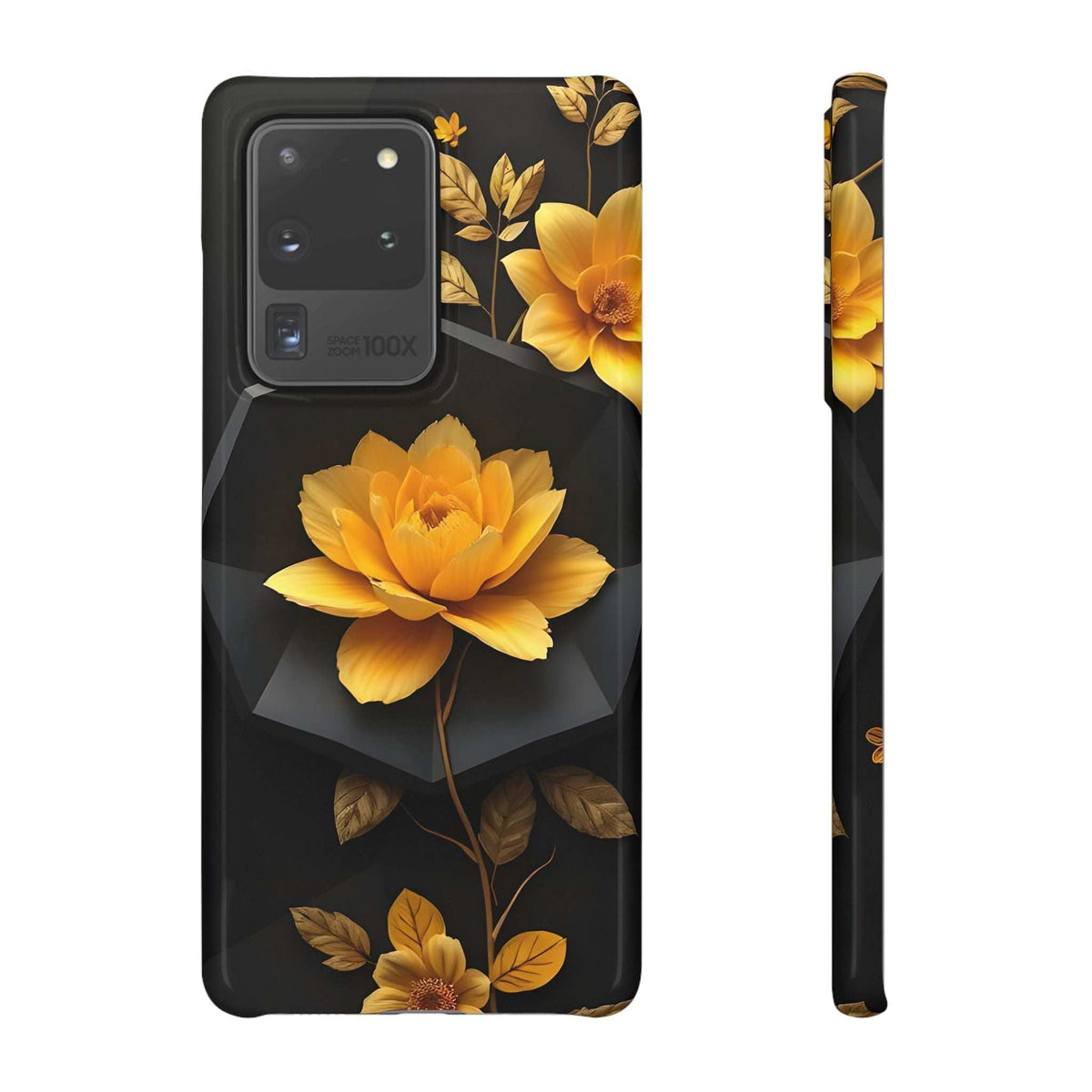 Black phone case with yellow floral artwork, camera area and side profile visible