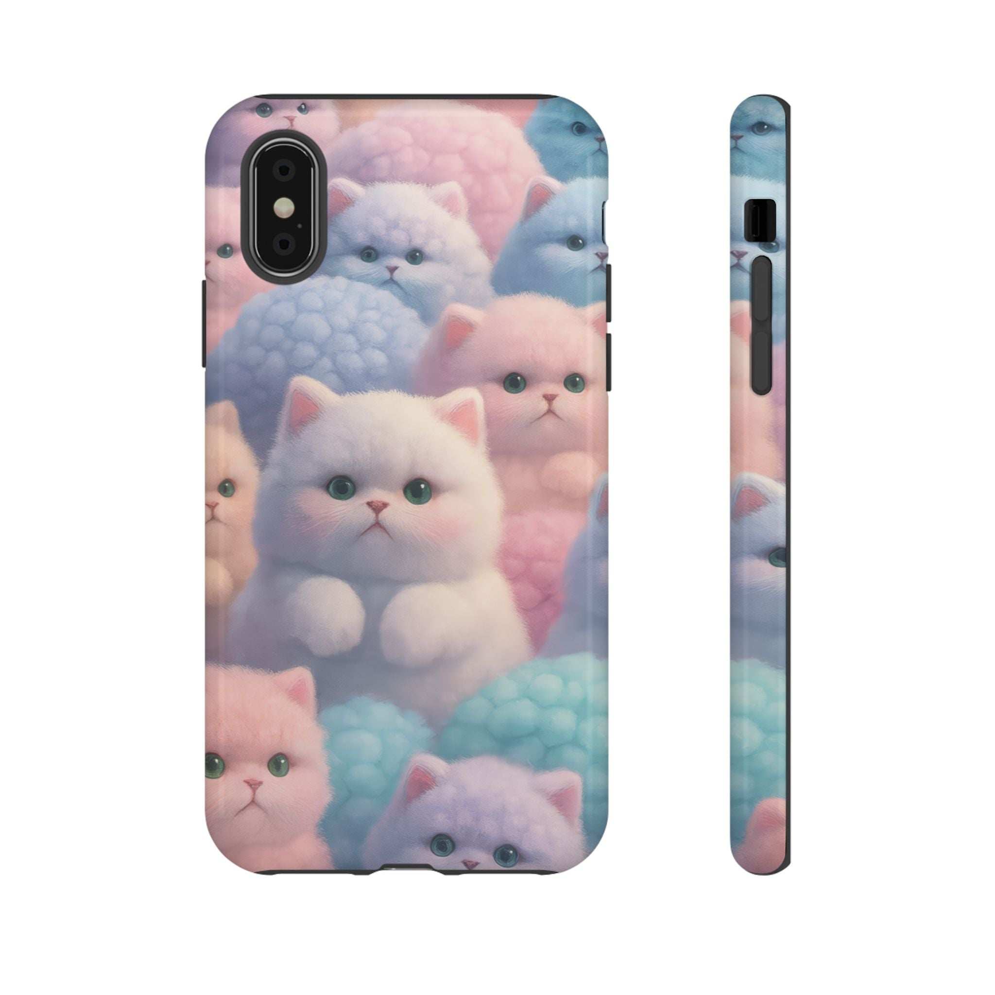 Glossy pastel kitten phone case with cat-face collage, front view and side profile