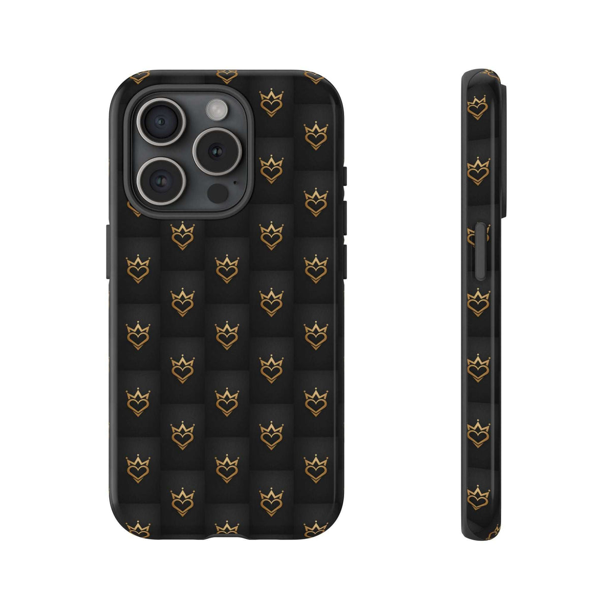Glossy black phone case with crowned heart doodle pattern, triple camera cutouts and side view