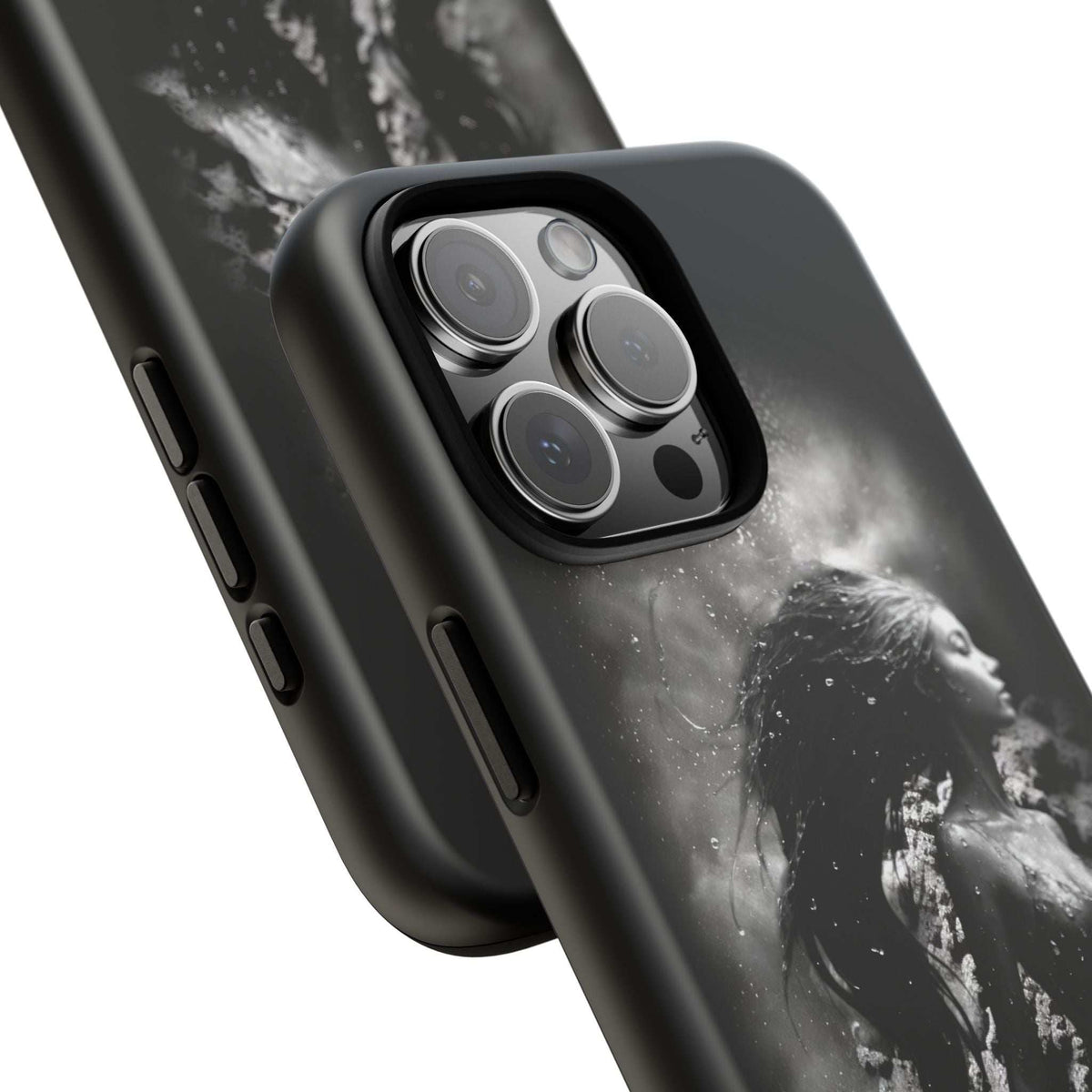Black mermaid phone case close-up showing camera lens ring openings