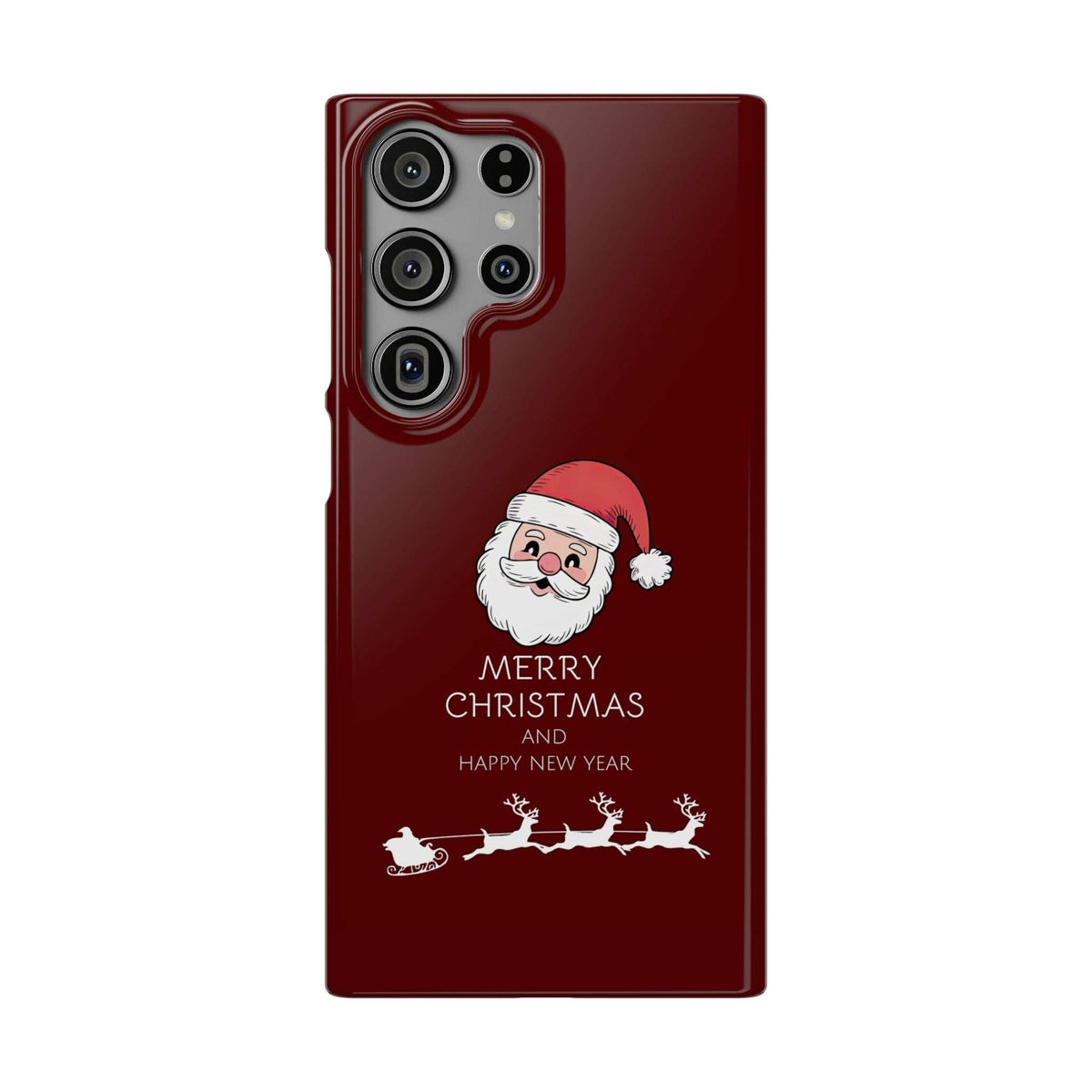 Glossy crimson phone case with Santa hat and holiday sleigh graphic, quad camera cutouts