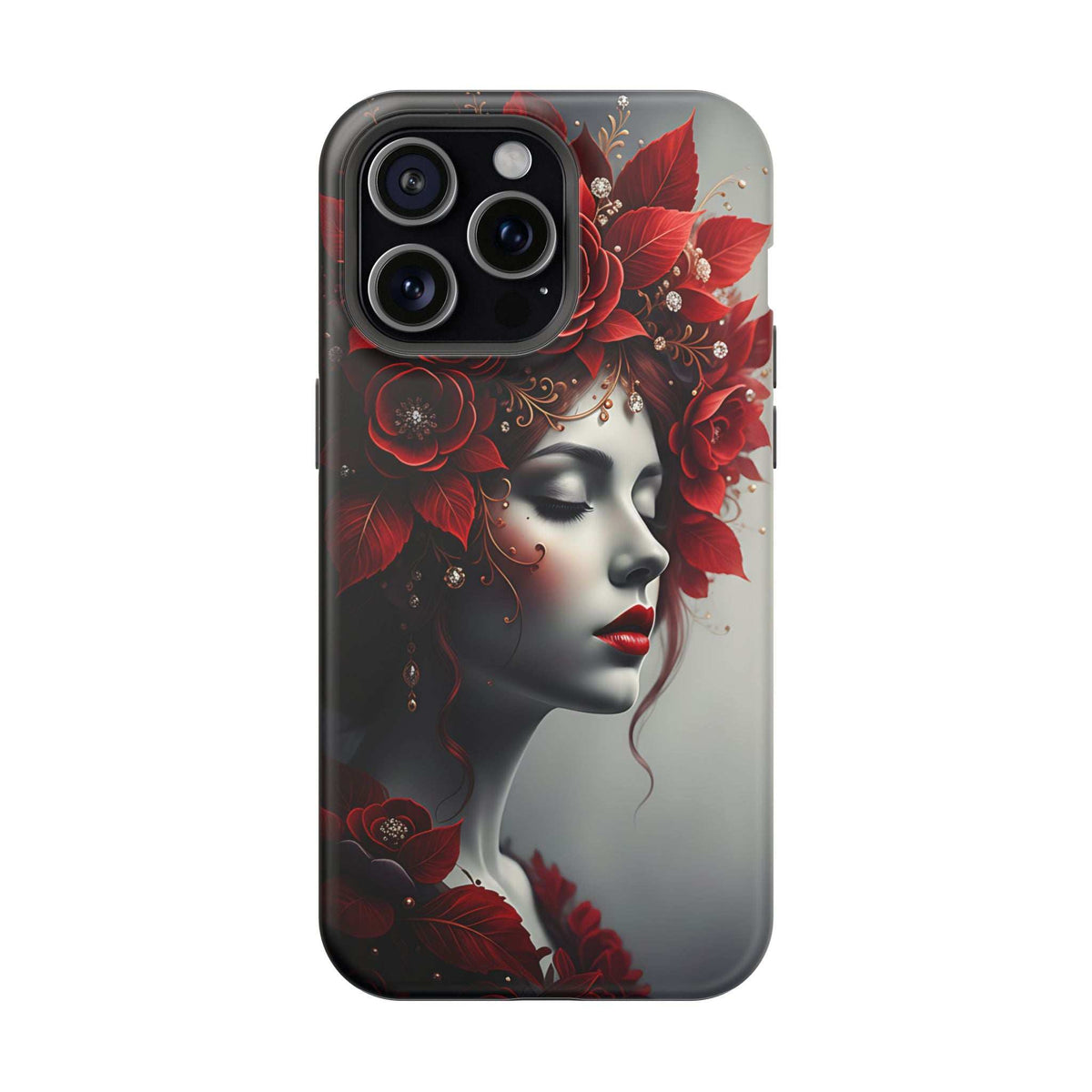 Portrait phone case for iPhone 13-17 showing red roses around a woman face illustration