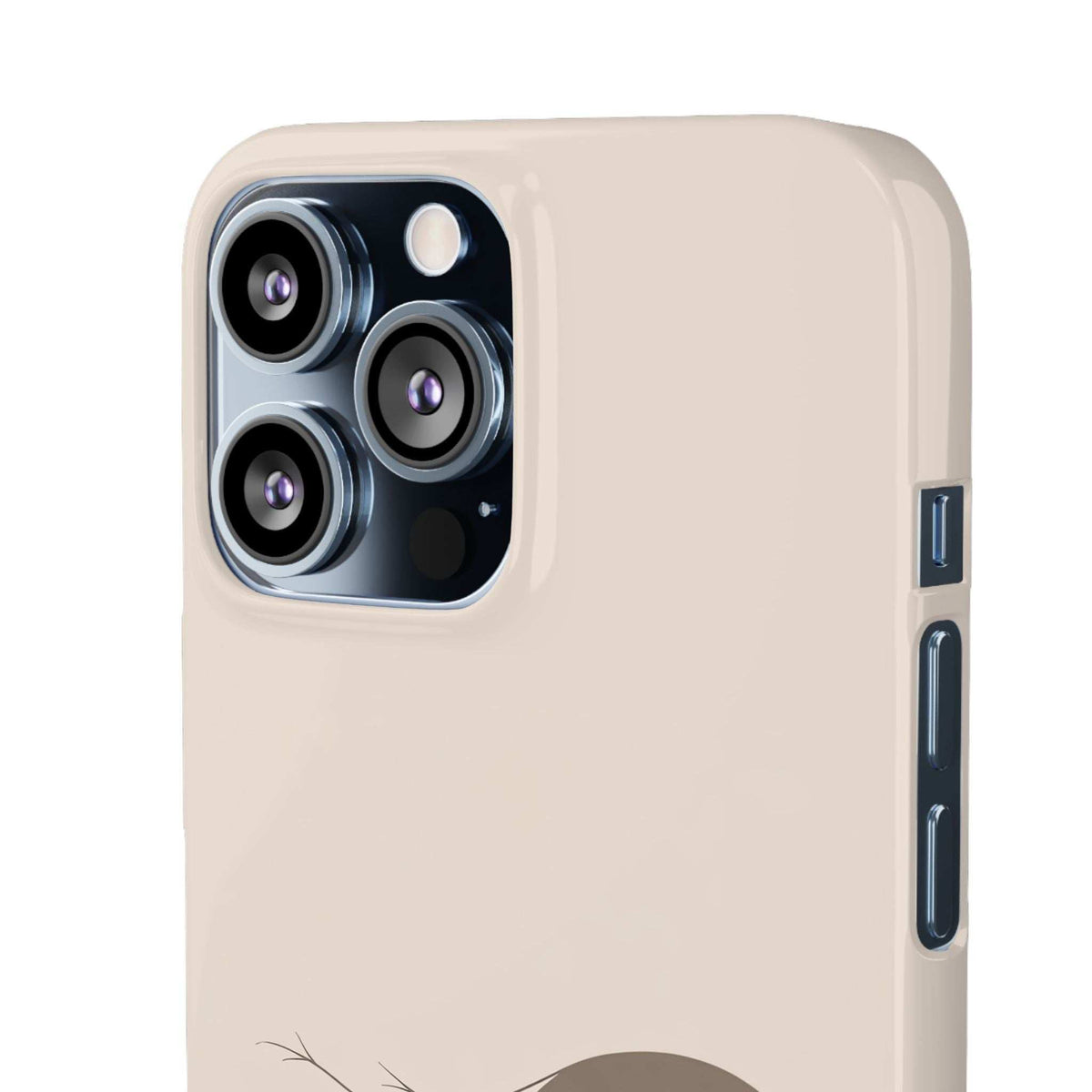 Beige phone case with floral silhouette, triple camera cutout and headphone/charging port area